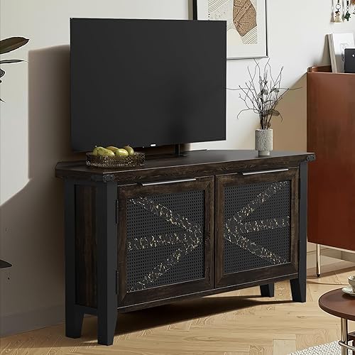 Miniatura 6 de VFK Soporte esquinero para TV de 50 pulgadas, centro de entretenimiento rústico con almacenamiento, mesa consola multimedia que ahorra espacio para