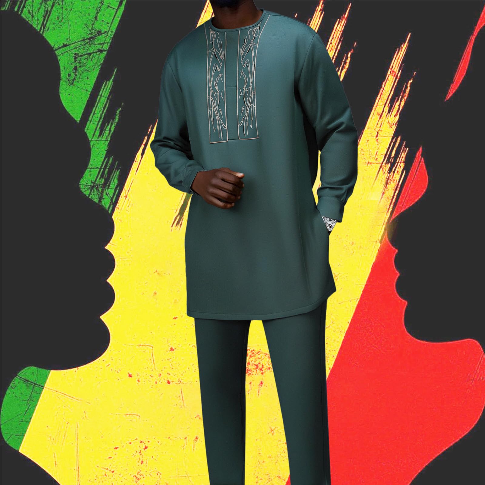 Generisch 2026 Set completo da uomo in stile etnico africano con ricami a maniche lunghe tradizionale