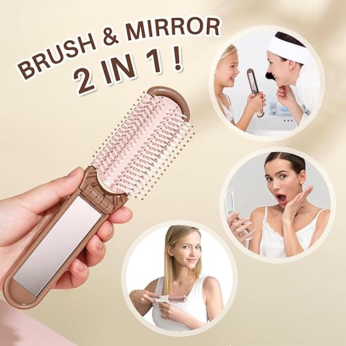 Miniatura 2 de RHOS Cepillo plegable con espejo para mujeres y niñas, mini cepillo portátil para el cabello, cepillo de pelo de bolsillo pequeño con cerdas de