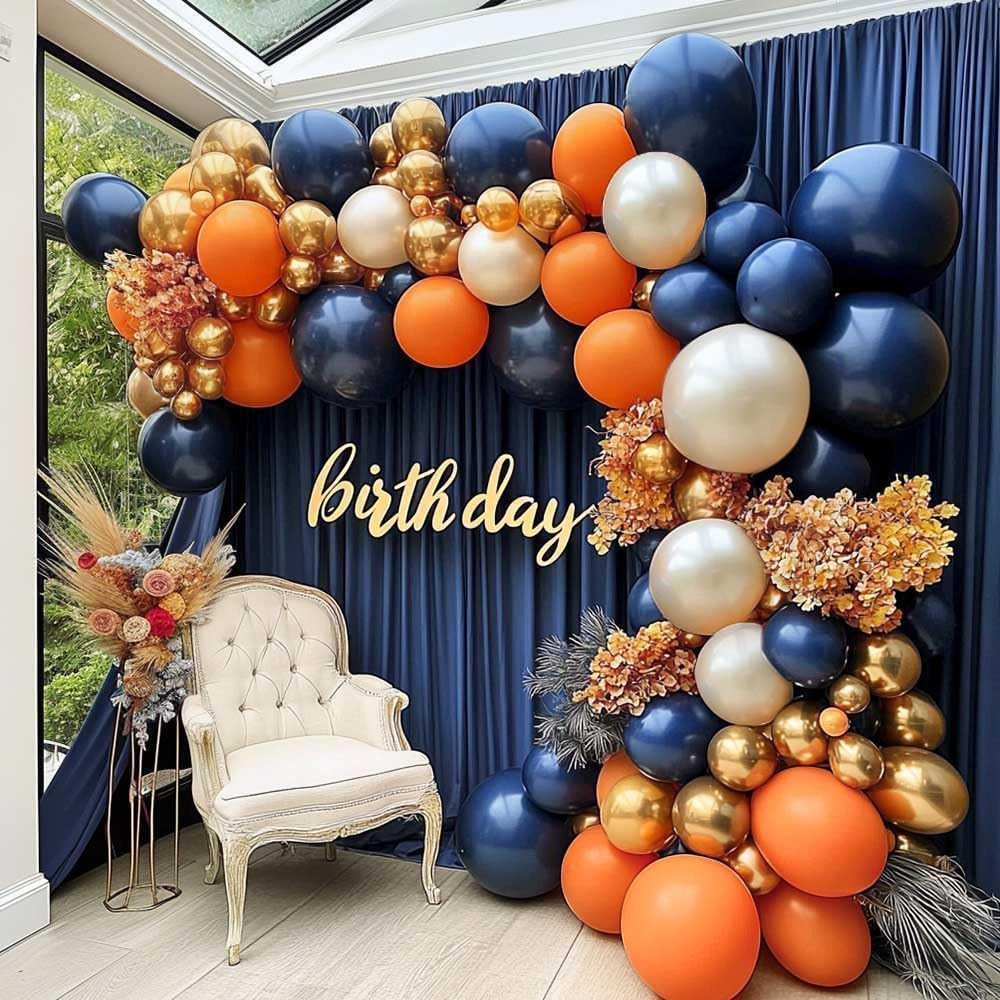 Photo 1 of Navy Blue Orange Balloon Garland Arch Kit, Double Stuffed Dark Blue Burnt Orange Pearl White Sand Gold Balloon for Birthday Baby Shower Graduation 2026 New Year Party Decoration