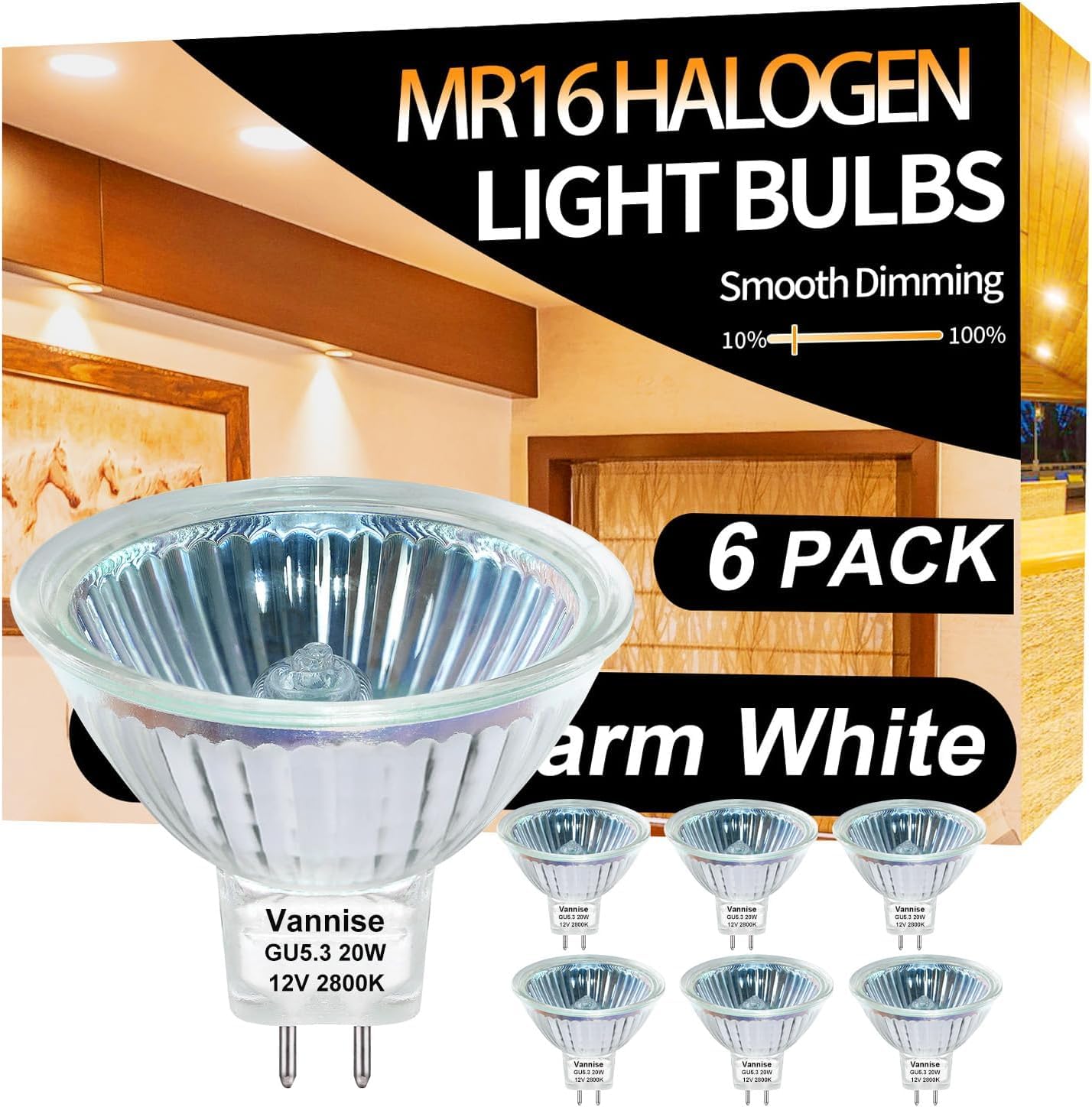 Vannise MR16 Bulb 20W, High Output 300LM MR16 Halogen Bulb 20W 12V Warm White 2800K, GU5.3 Base, Dimmable with Clear Glass Cover, Long Lasting MR 16