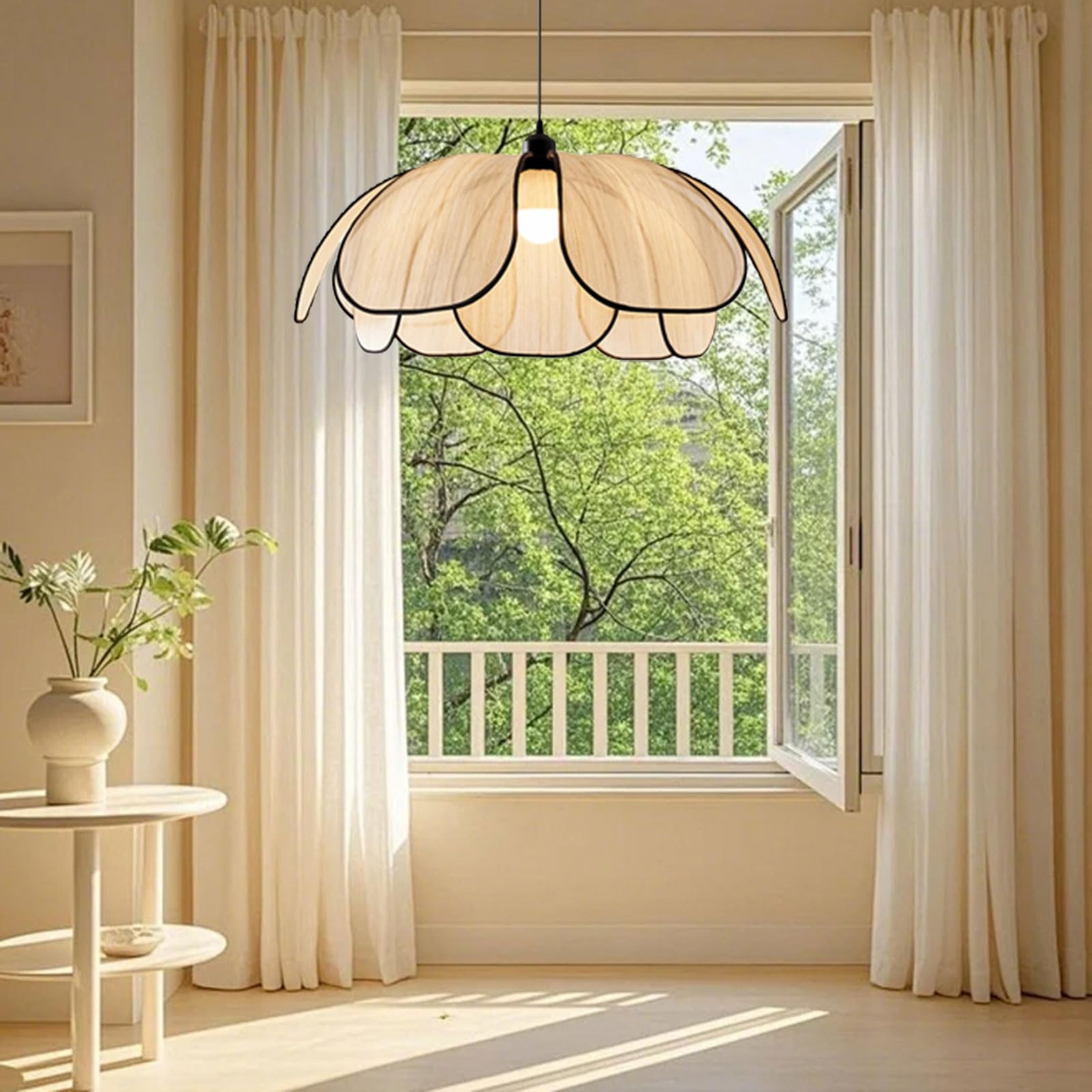 Mid Century Modern Rattan Pendant Light Flower Shape Design Chandelier Creative Hanging Ceiling Fixture Decoration for Balcony, Bedroom, Living Room (50 CM)