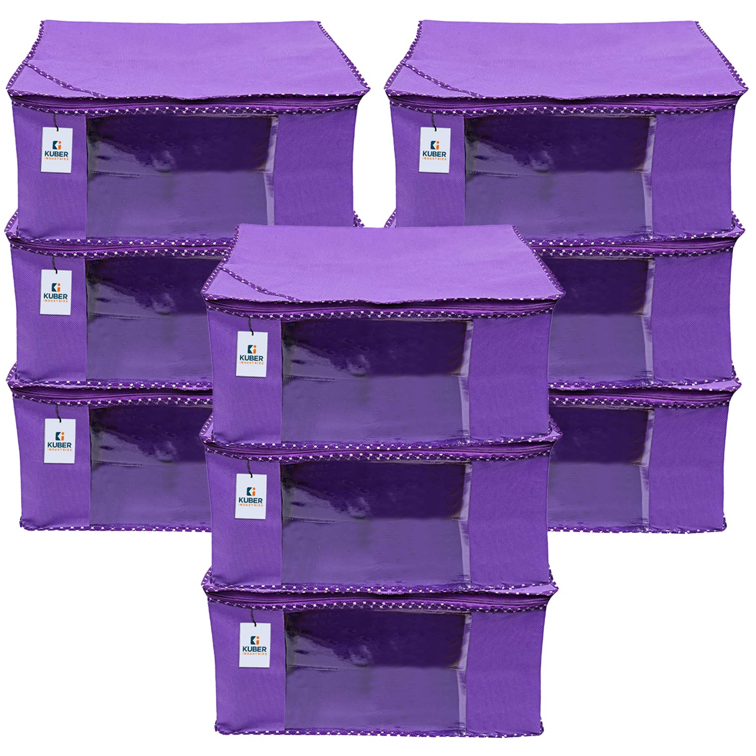 Kuber Industries Faltbare feste Sari-Abdeckungen mit Reißverschluss, Kleiderschrank-Organizer für Kleidung, transparentes Fenster, für 8 bis 10 Sari, geeignet für Lehenga, Anzug, Kleid, 9 Stück (lila)