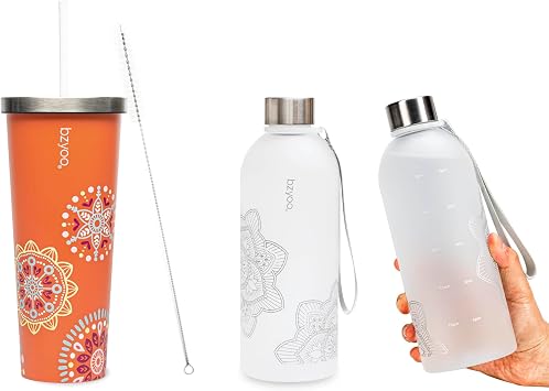 bzyoo SUP Double Wall Vacuum Insulated Tumbler with Straw and Lid Stainless Steel Water Bottle&32 OZ 1 Liter Time Marker Water Bottle Frosted Durable Plastic With Strap