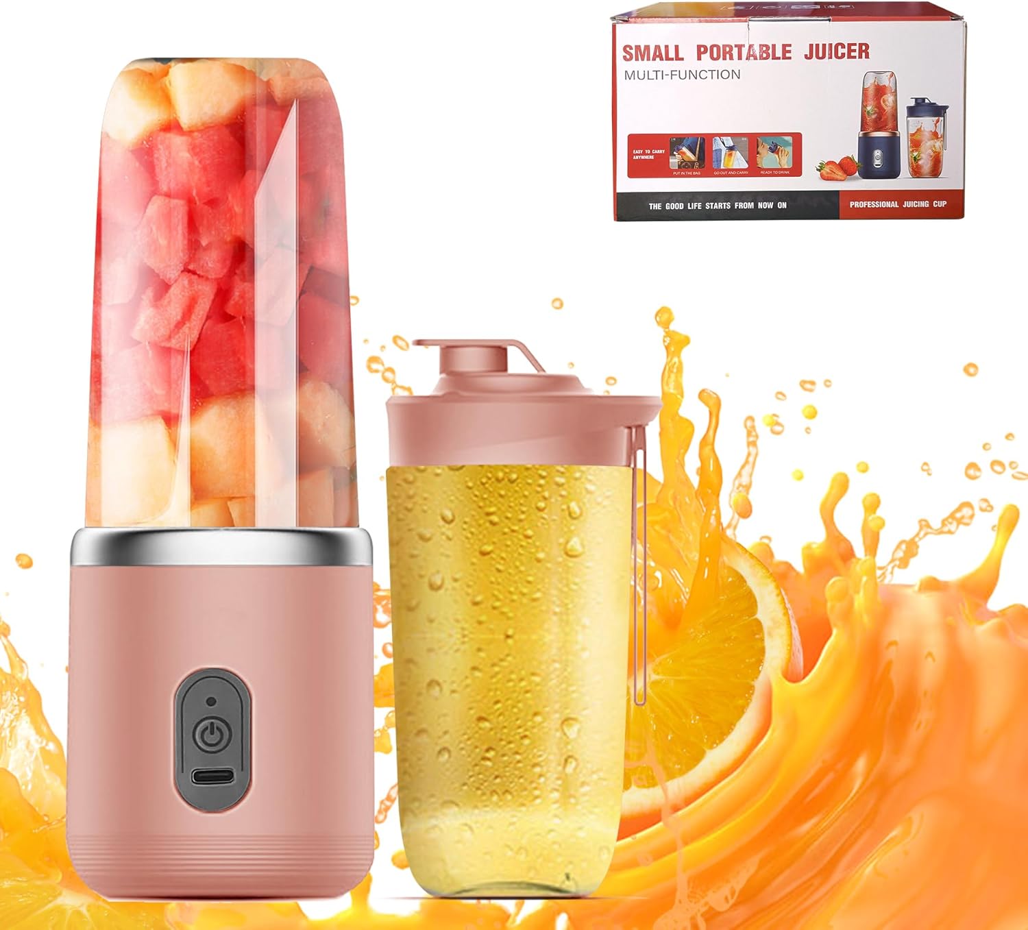 Portable Blender, Can Be Used For Smoothies And Milkshakes, Comes With A Travel Mug And Lid, USB-C Charging Cable, Portable Blender With Stainless Steel Blade (Pink)