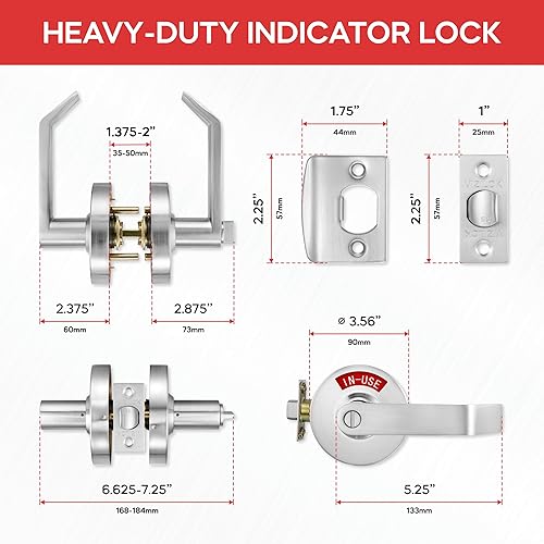 Miniatura 13 de VIZILOK Cerradura de puerta comercial para privacidad del baño, indicador ocupado vacante de alta resistencia en cromo satinado, grado ANSi 2