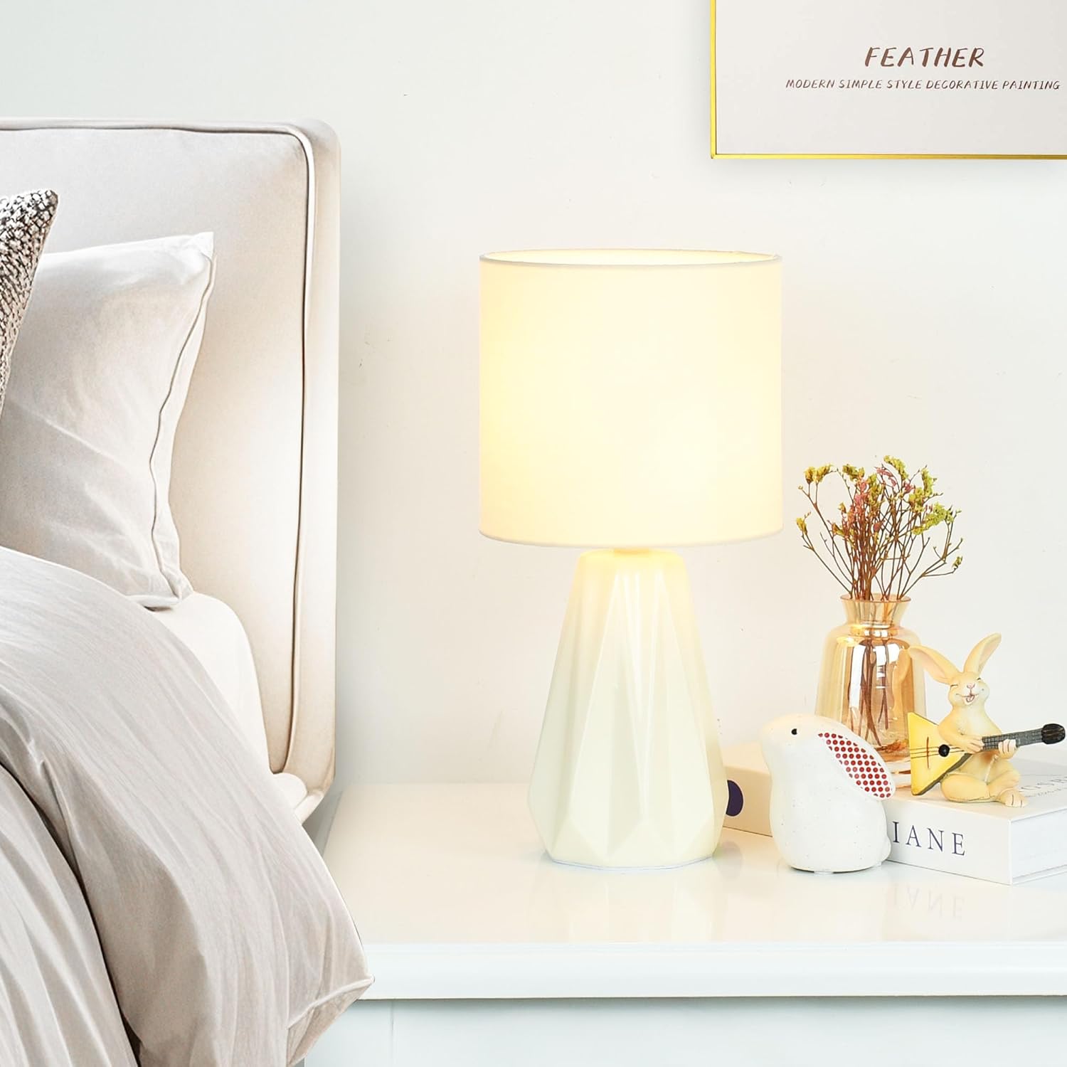 Lampwell Elisa Cream Small Table Lamp for Living Room as Bedside Table Lamp for Bedroom,Modern Ceramic Kids Night Table Lamp,Φ6.1×H12.4IN,Bulb Excluded