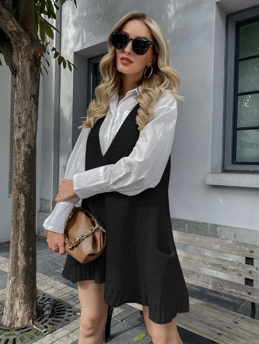 Zeagoo Womens Sweater Vest Dress Pattern Knitted Pullovers Sweaters V Neck Tank Sweater Dress with Pockets - Image 4