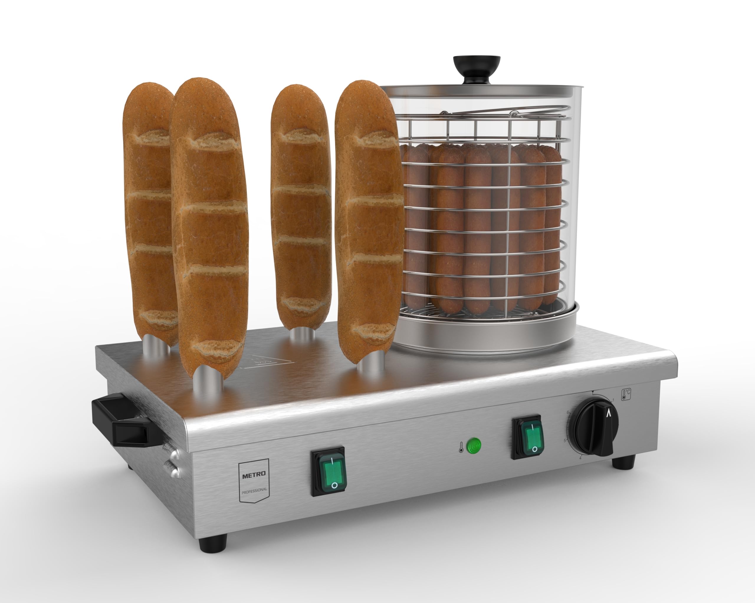 METRO Professional Macchina per Hot Dog con barre scaldapane GHM2001, acciaio inox/alluminio/vetro, fino a 100°C, 550 W, argento