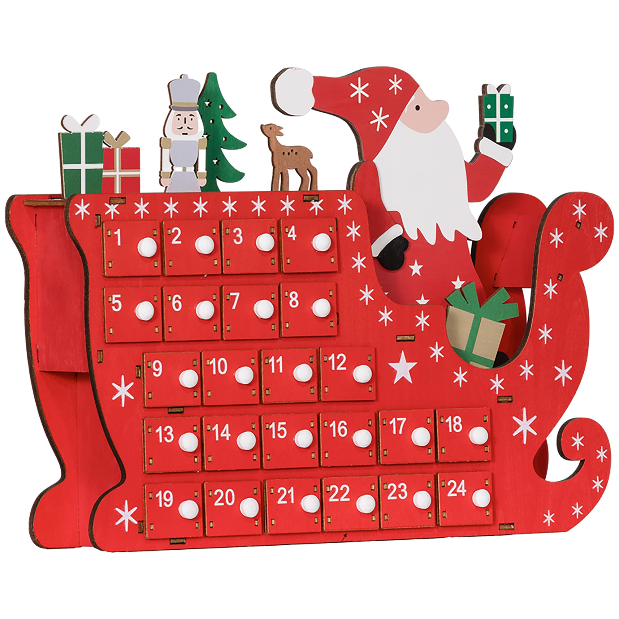 HOMCOM - Calendario de adviento de madera con 24 cajones para rellenar, color rojo | Calendario de Adviento reutilizable, diseño de Papá Noel y trineo, decoración de Navidad, regalo para niños y adultos