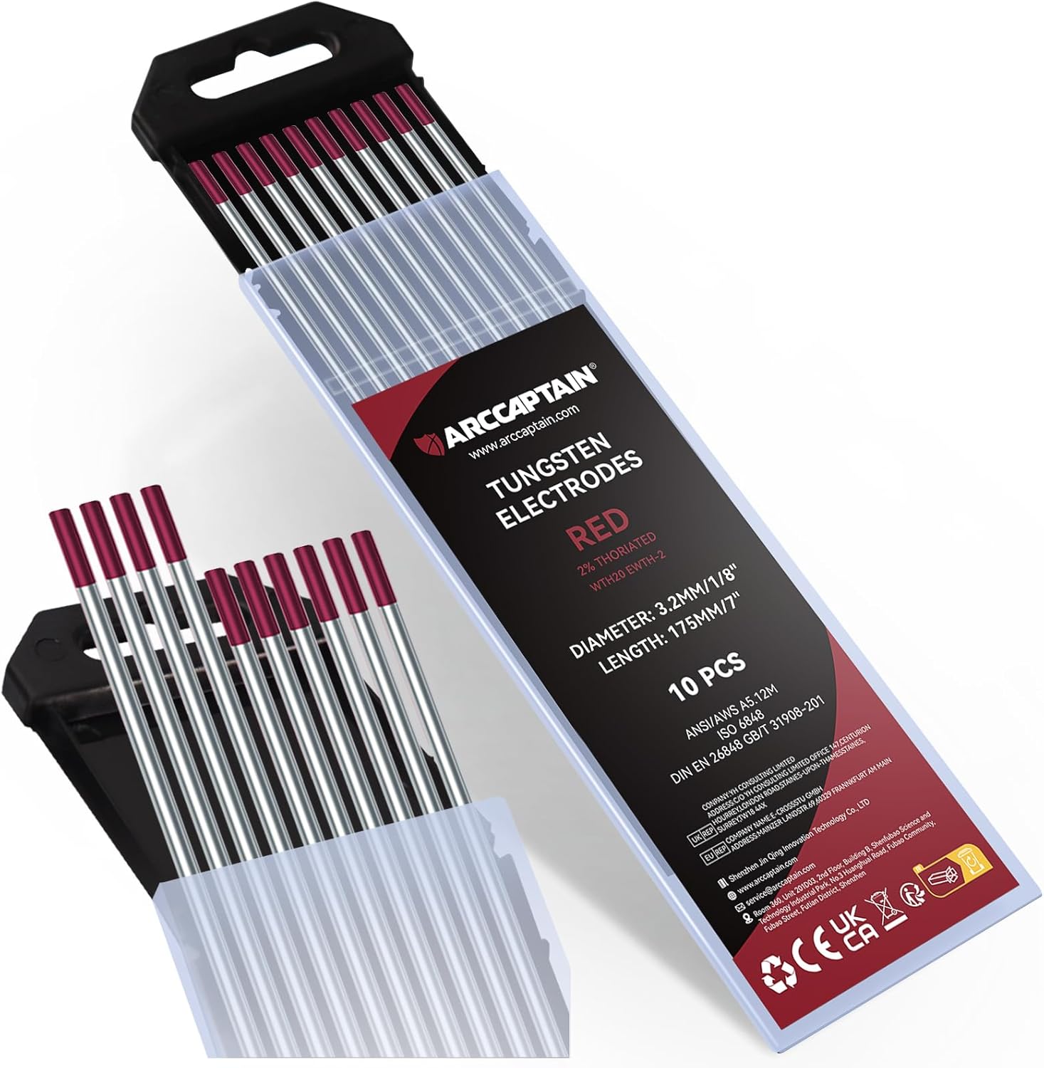 ARCCAPTAIN TIG Welding Tungsten Electrode 10Pack 1/8"x 7"(Red 2 Thoriated, WT20/EWth2