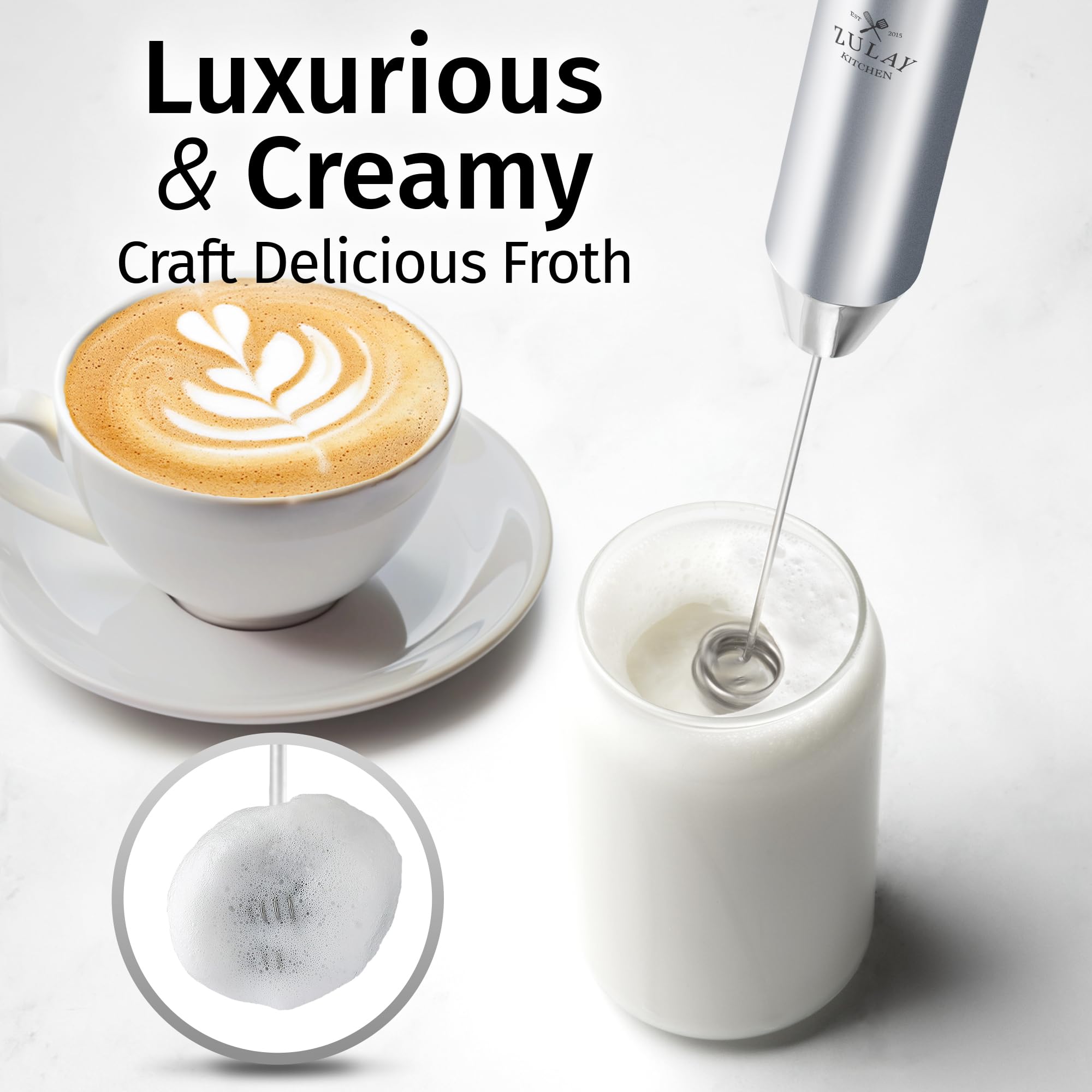 Zulay Kitchen Espumador de leche recargable de mano, varita espumadora, mezclador de bebidas, espumador eléctrico, para capuchinos, matcha y proteína en polvo, batidor doble Lux de 2 velocidades