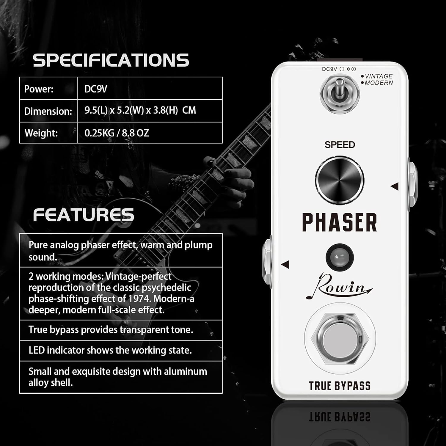 Rowin Guitar Phaser Effect Pedal Analog Phase Effect Pedal For Electric Guitar Vintage/Modern 2 Modes Mini Type True Bypass
