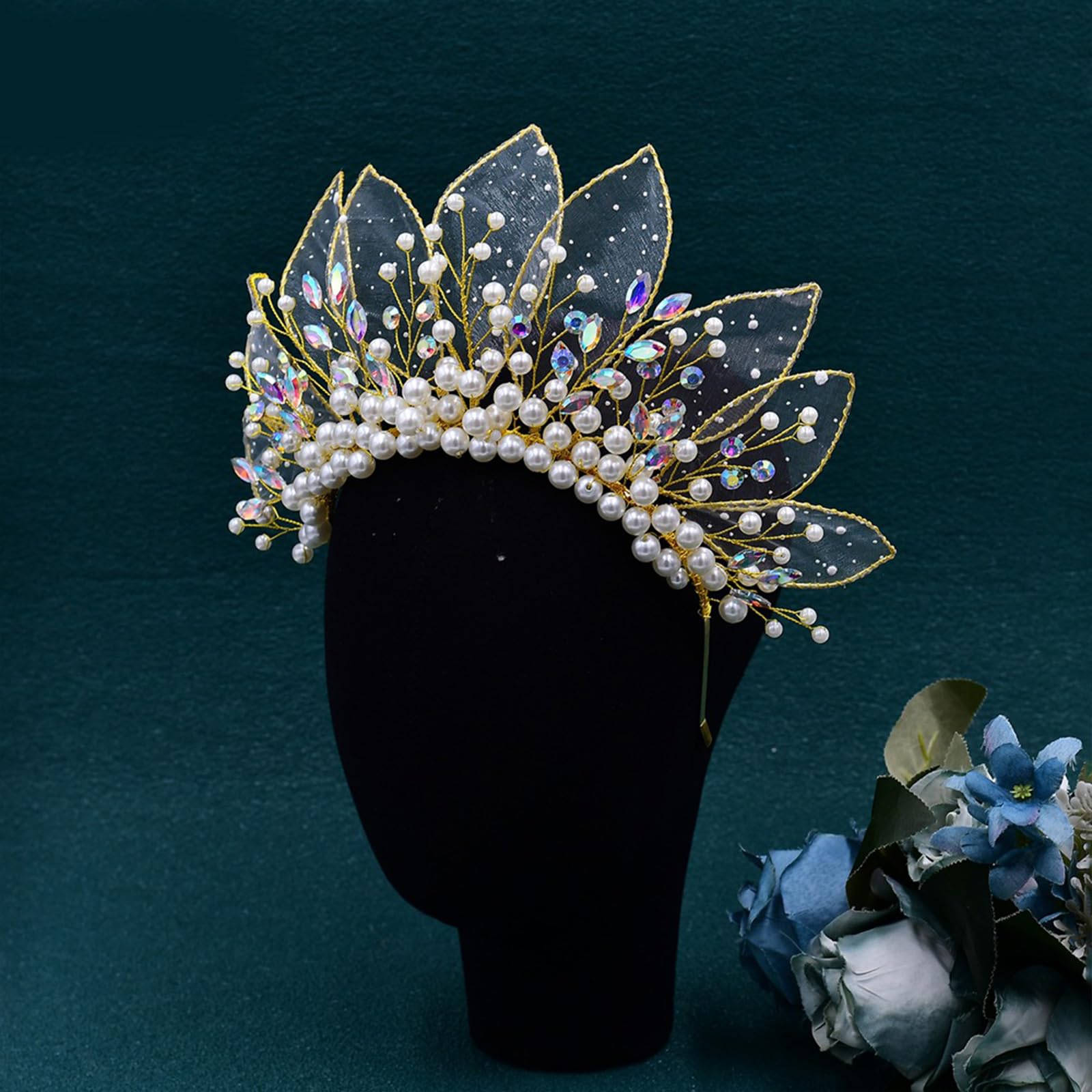 Diadema de boda dorada para novia con cuentas transparentes y perlas, accesorio de pelo de moda para graduación, concurso de graduación, cumpleaños