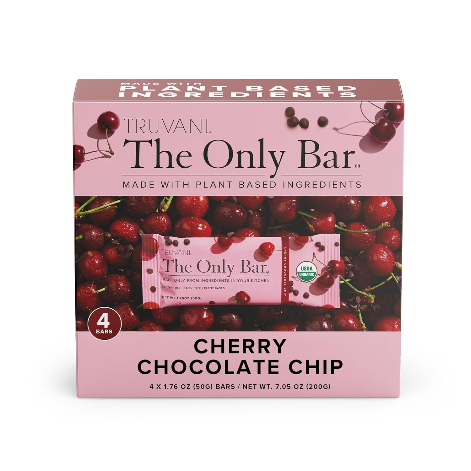 Truvani Plant Based Snack Bar | Cherry Chocolate Chip 4 Pack | 5g Protein | USDA Organic and Vegan | The Only Bar | Dairy, Soy, and Gluten Free | Individually Wrapped