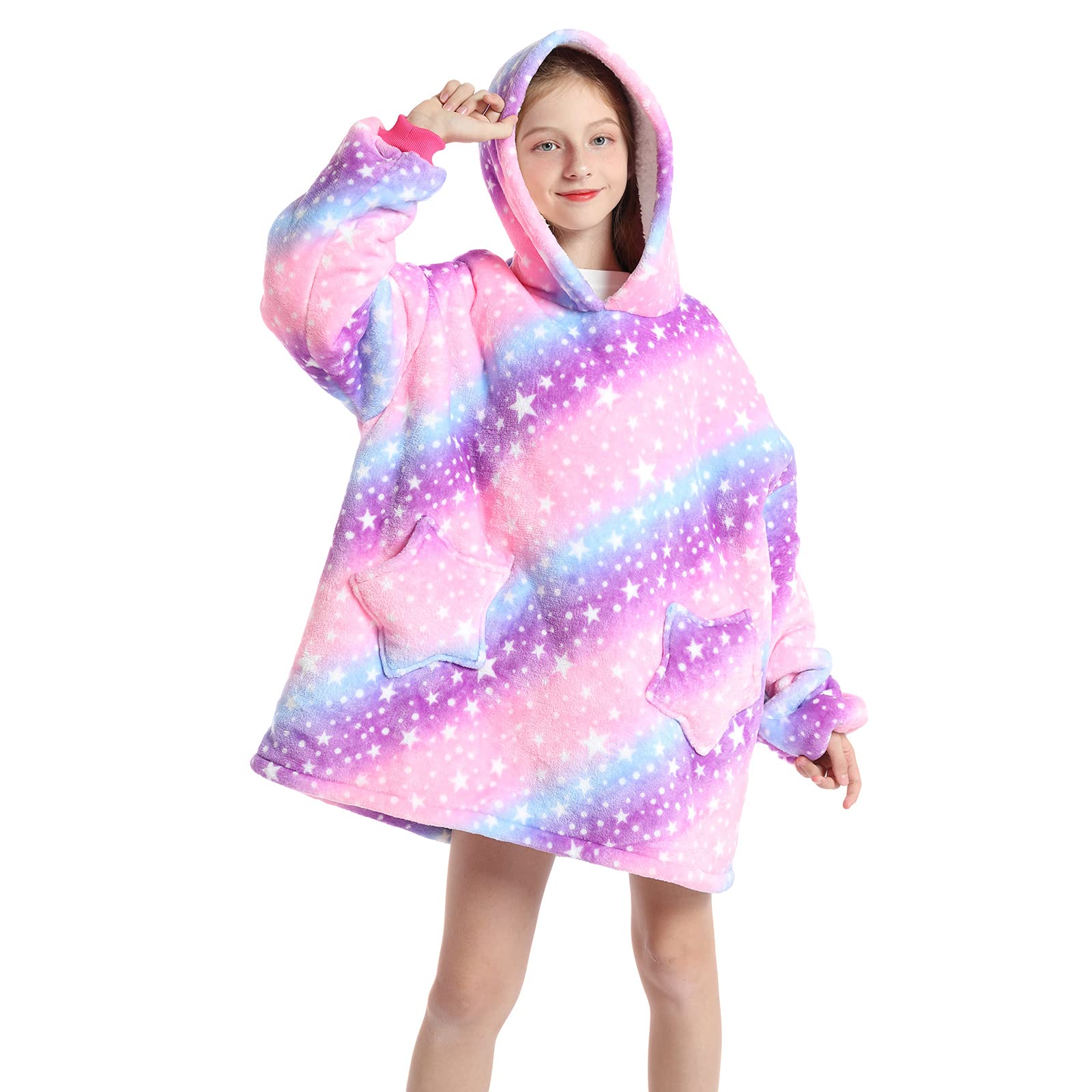 Oversized deken hoodie voor kinderen volwassen meisjes jongens, fleece hoodie deken donuts en katten super warme pluche draagbare deken hoodie sweatshirt met ruime zak, klein, Dier 132a, L