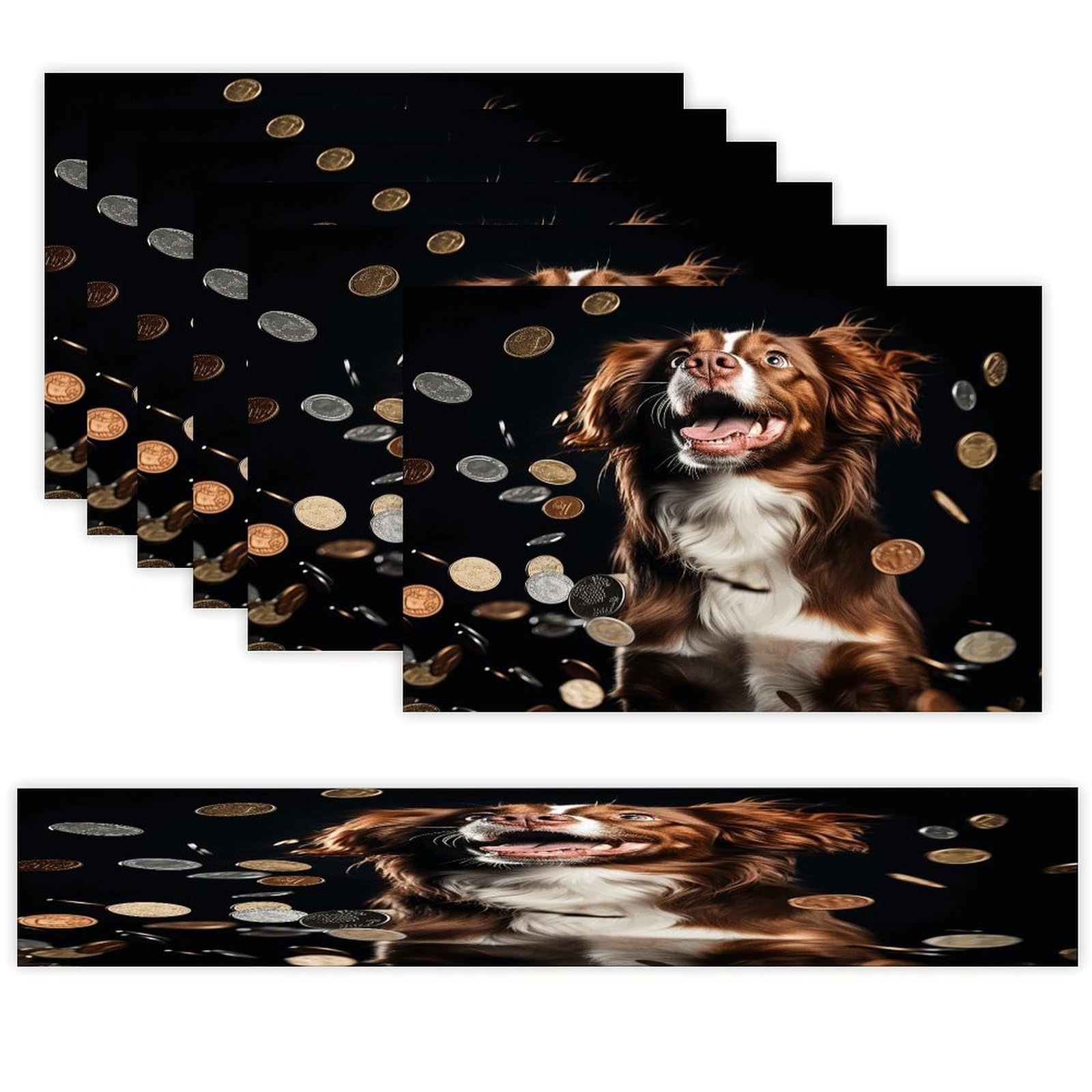 A Dog and Coins Table Runner and Placemats Set of 6 Wipe Clean Heat Resistant Table Mat with Table Runner Decorations Flax Linen Place Mat Set for Home Kitchen Party Supplies