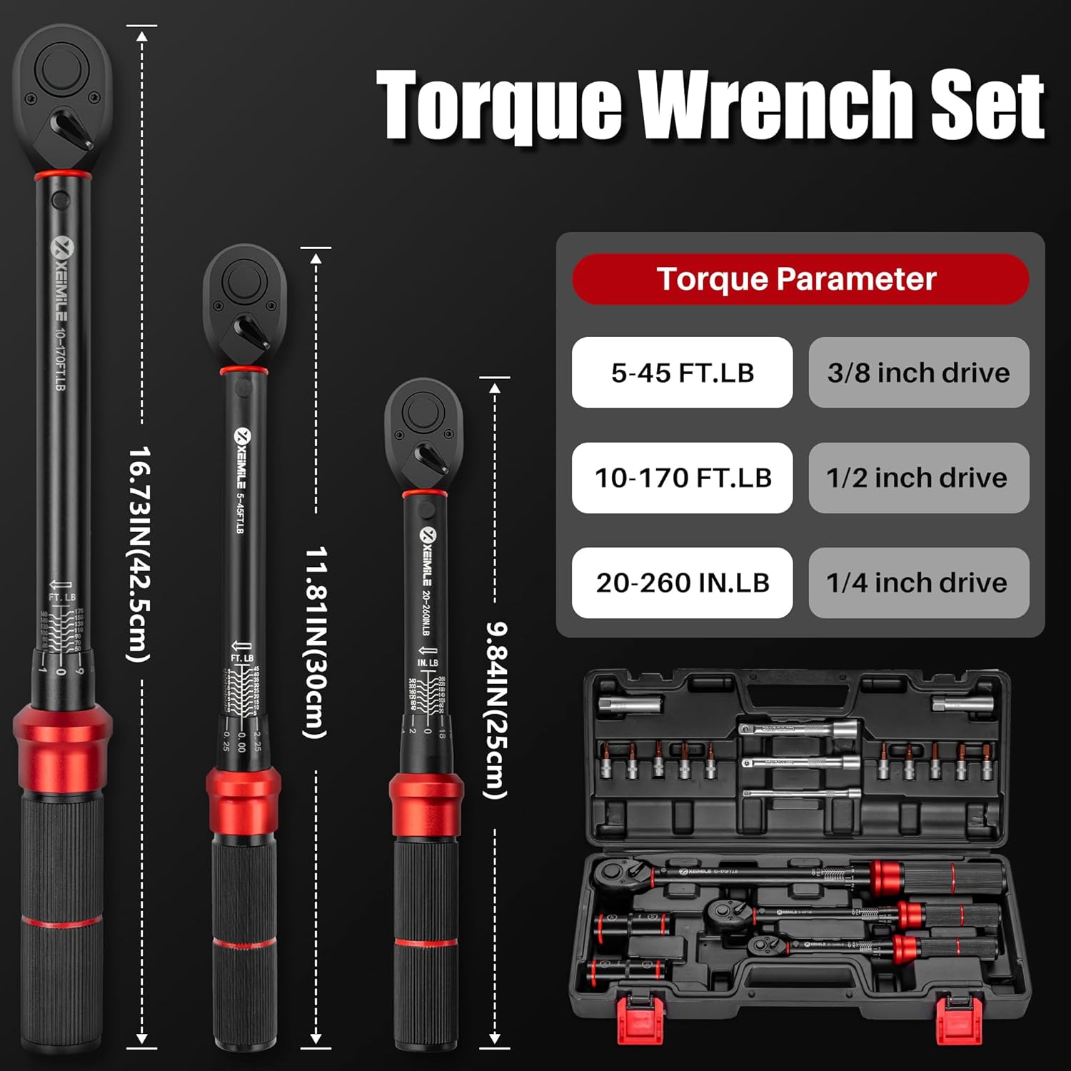1/4 3/8 1/2-inch Drive Click Torque Wrench, 20Pcs Torque Wrench Set 20-260 in.lb,5-45 ft.lb,10-170 ft.lb, Dual-Direction 72 Tooth Dual Range Scales, 3% Precision for Bike Car Motorcycle Repair