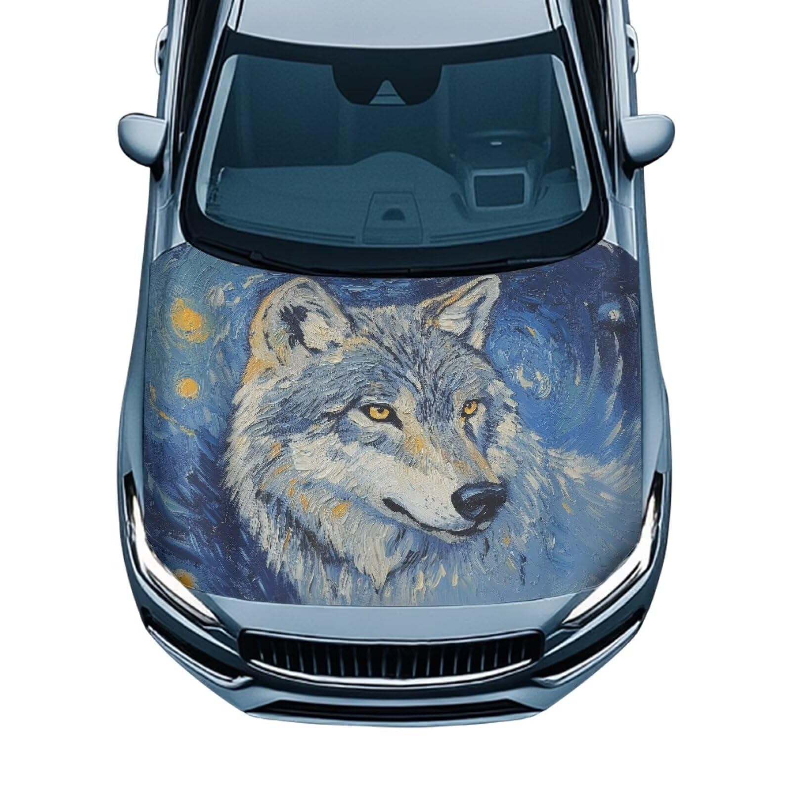 Oil Painting Wolf Car Hood Cover Weatherproof Automotive Exterior Accessories Universal Fit Hood Covers for Cars, Trucks, SUV, or Van Full Coverage with Elastic Band