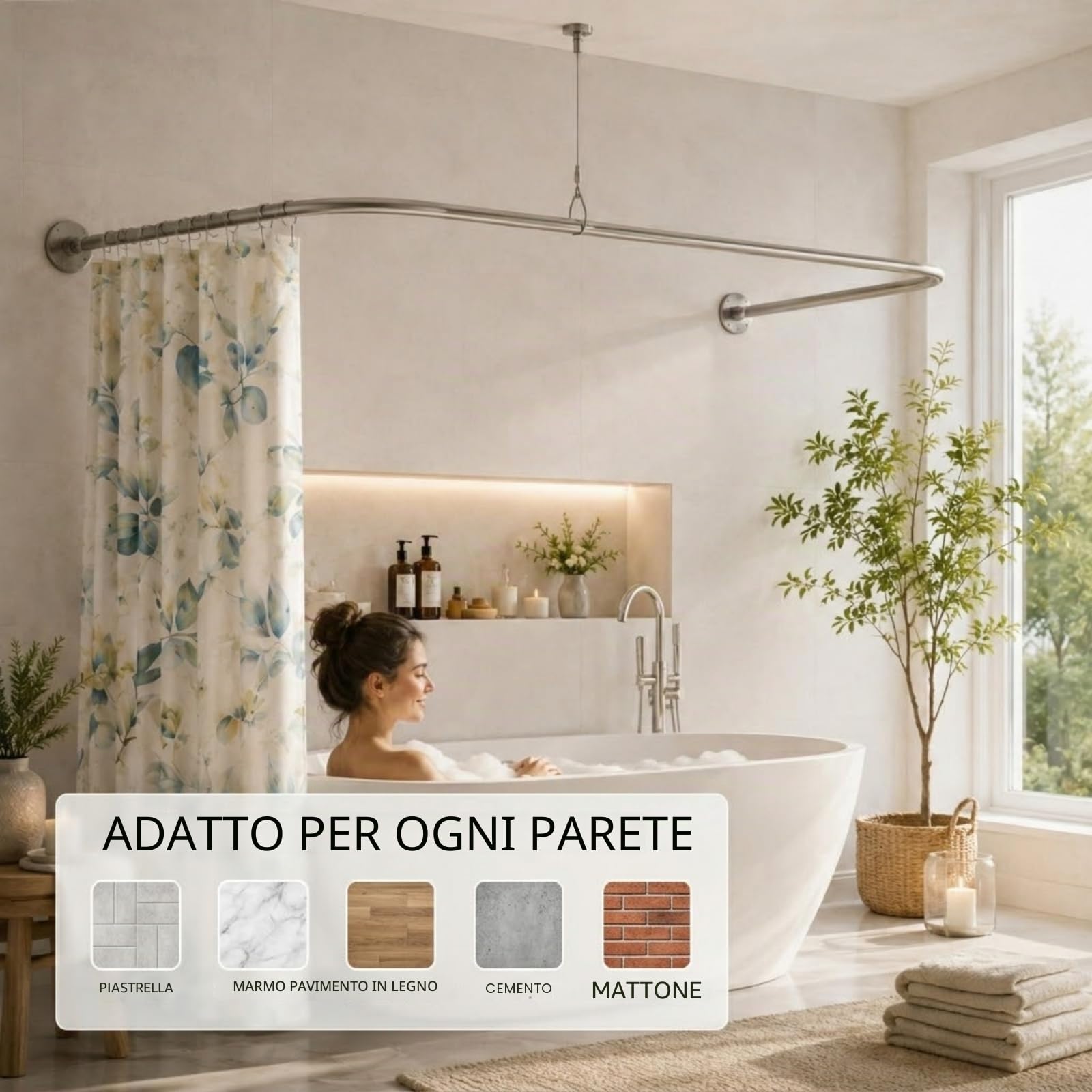 Palo per tende da doccia telescopico a forma di U/L, palo per tende da doccia ad angolo in acciaio inossidabile 304, anti-rugghia e durevole, con 12 anelli per tende da doccia 75X(150-190) X75cm