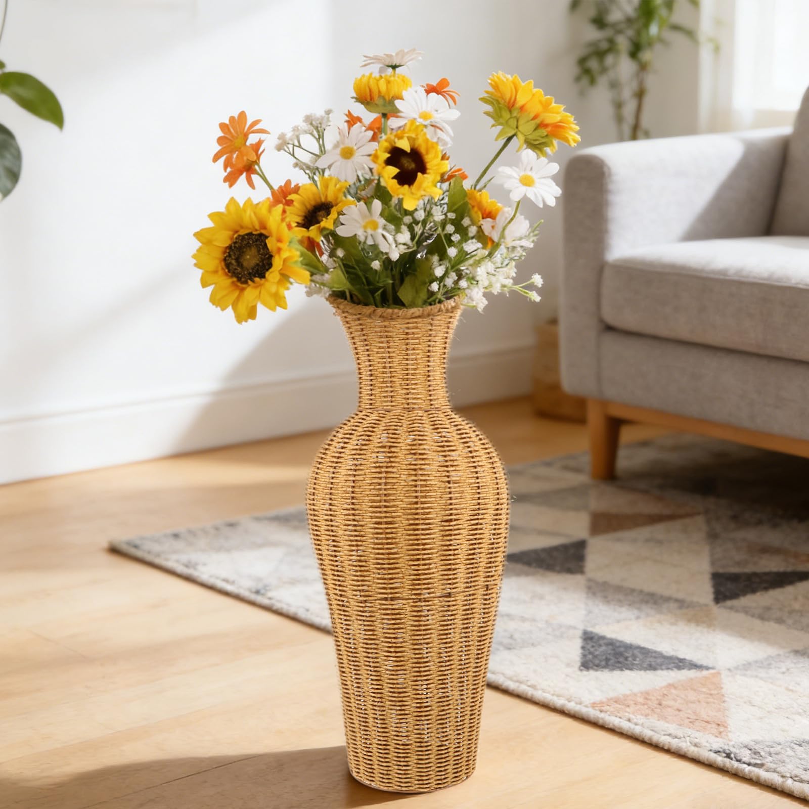 Jarrón de Suelo Alto de Imitación Ratán para Flores Secas y Pampas Decoración Hogar Estilo Campestre Moderno