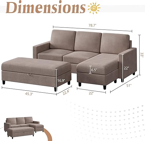 Miniatura 2 de JAMFLY Sofá modular de 79 pulgadas con otomana de almacenamiento, juego de muebles de sala de estar, sofá convertible pequeño y profundo, sofá en