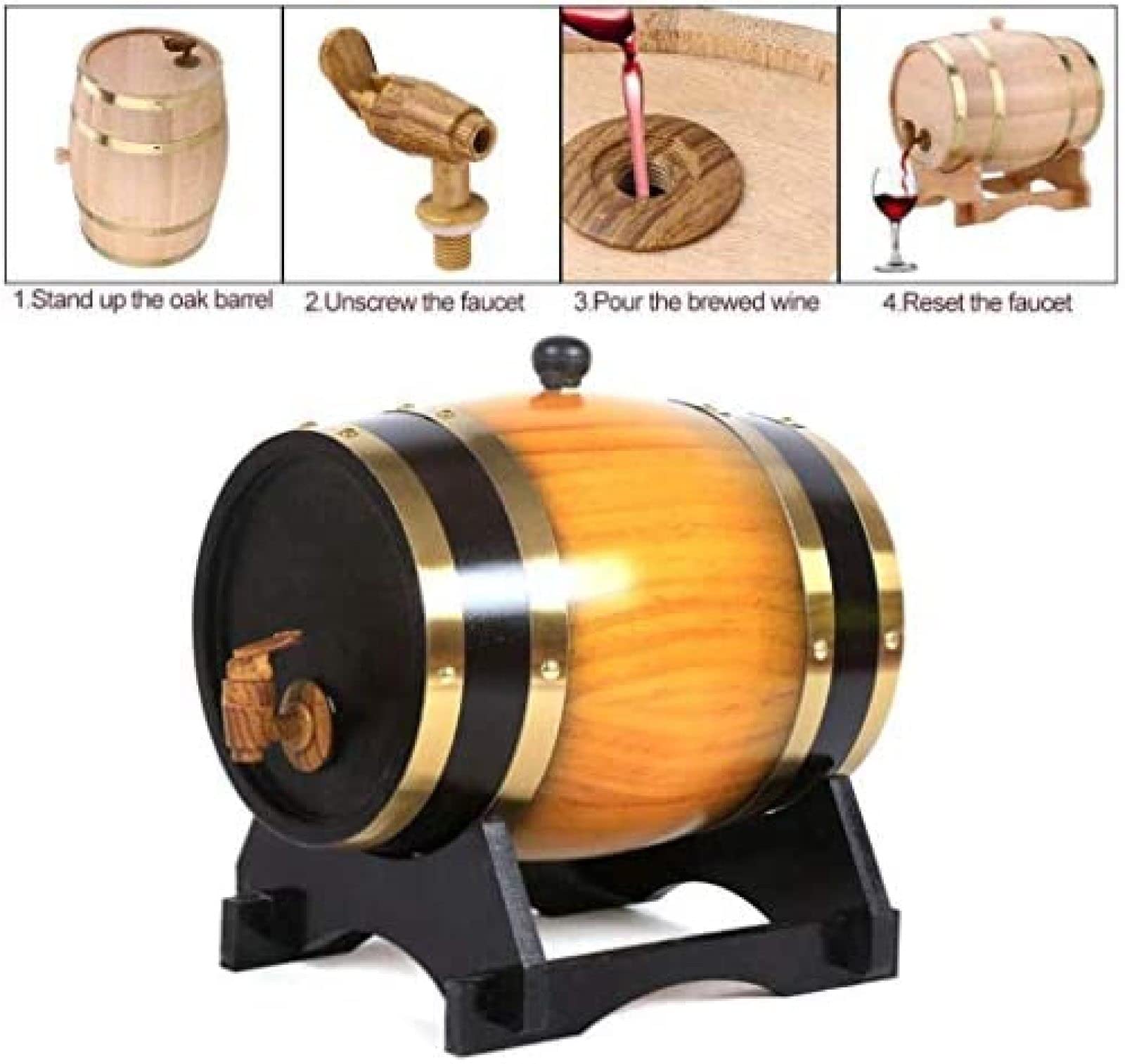 Botti di Vino Orizzontali in Rovere Botti di Rovere d'Epoca Botte di Vino Rosso da 15 Litri Dispenser per Vino Dispenser per Acqua in Legno Scaffale in Legno Whisky Aceto di Vino Birra,10L