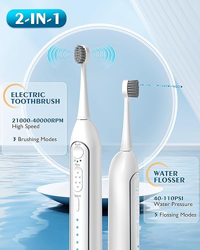 Miniatura 7 de AGPTEK Cepillo de dientes eléctrico e hilo dental de agua, limpiador de dientes inalámbrico de 3 modos y 5 irrigadores orales a presión de agua,