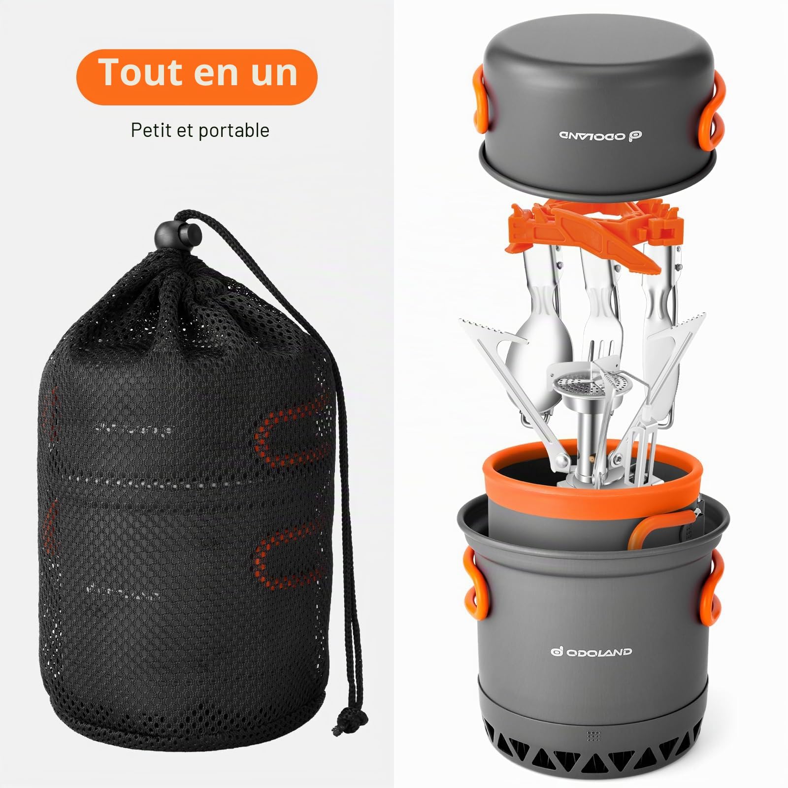 Odoland Batterie de cuisine de camping améliorée - Ustensiles en aluminium avec brûleur et tasse - Couverts pliables - Mini réchaud pour pique-nique en plein air
