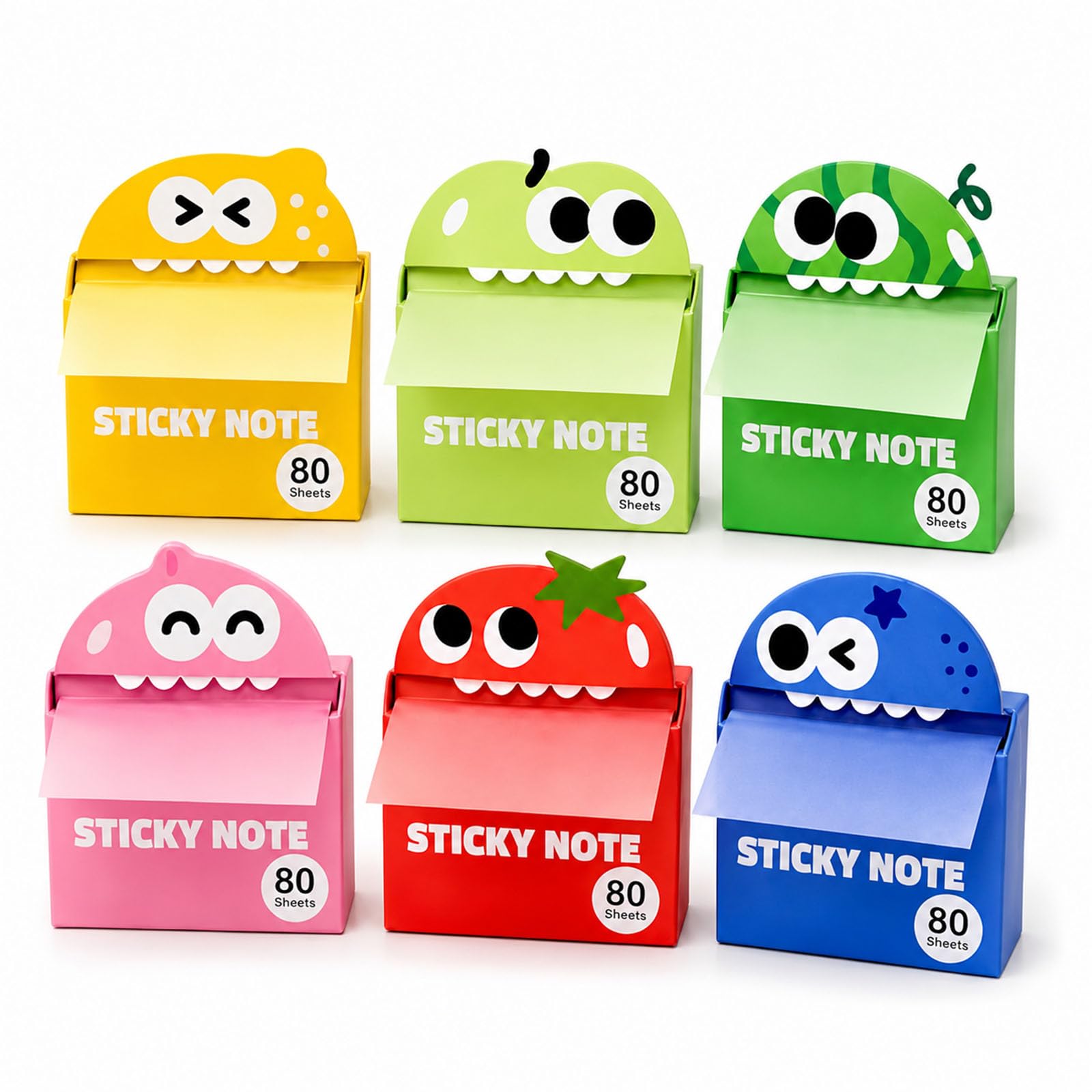 Cute Fruit Monster Pop-Up Sticky Notes Dispenser, Transparent Translucent Magic Stationery Index Tabs Clear, 80 Sheets Pull-Out Cartoon Box, Fun Desk Essential for Office & Study (6PCS)