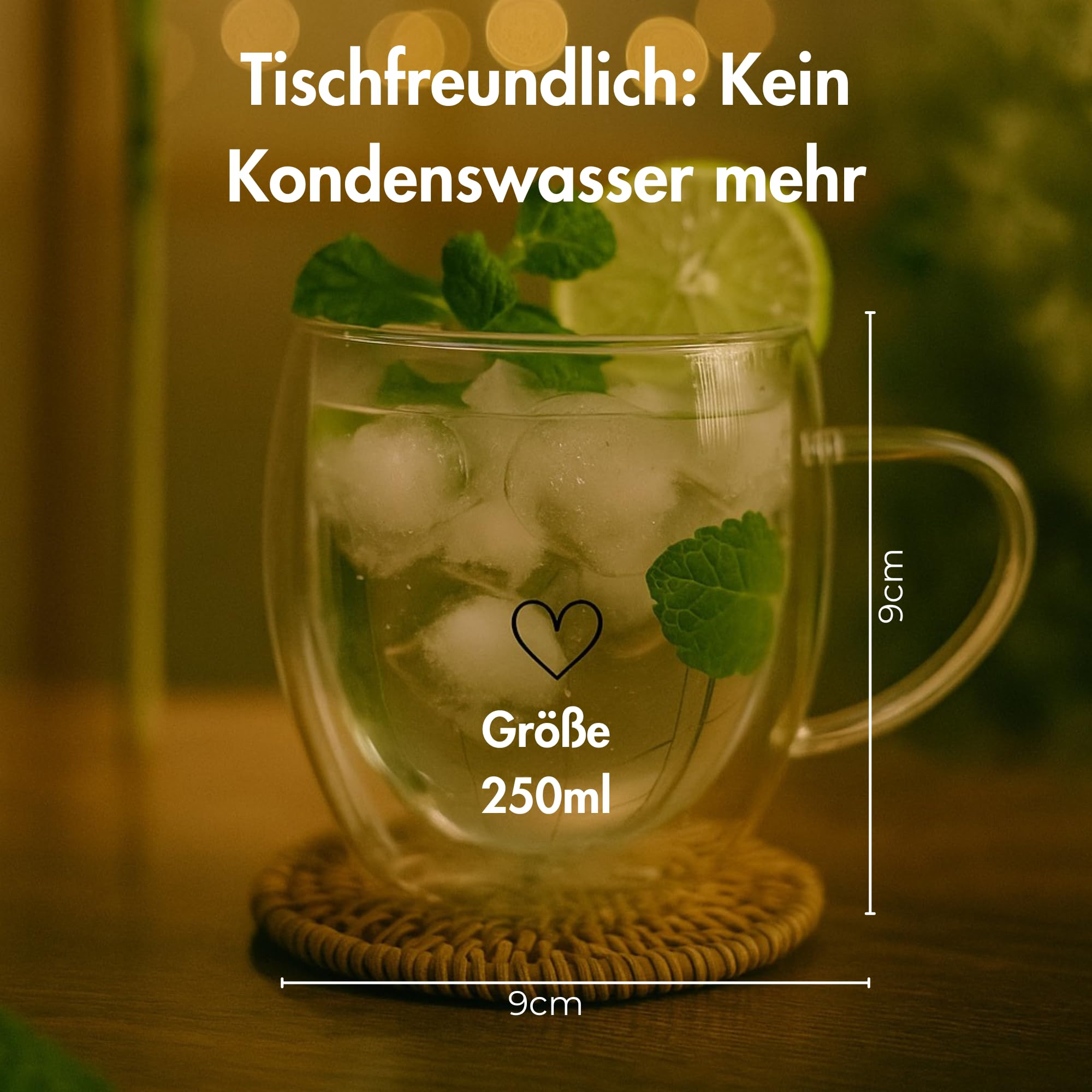 Cappuccino Tassen Glas Doppelwandig 4er Set 250ml – Cappuccino Gläser mit Henkel – Herz Design