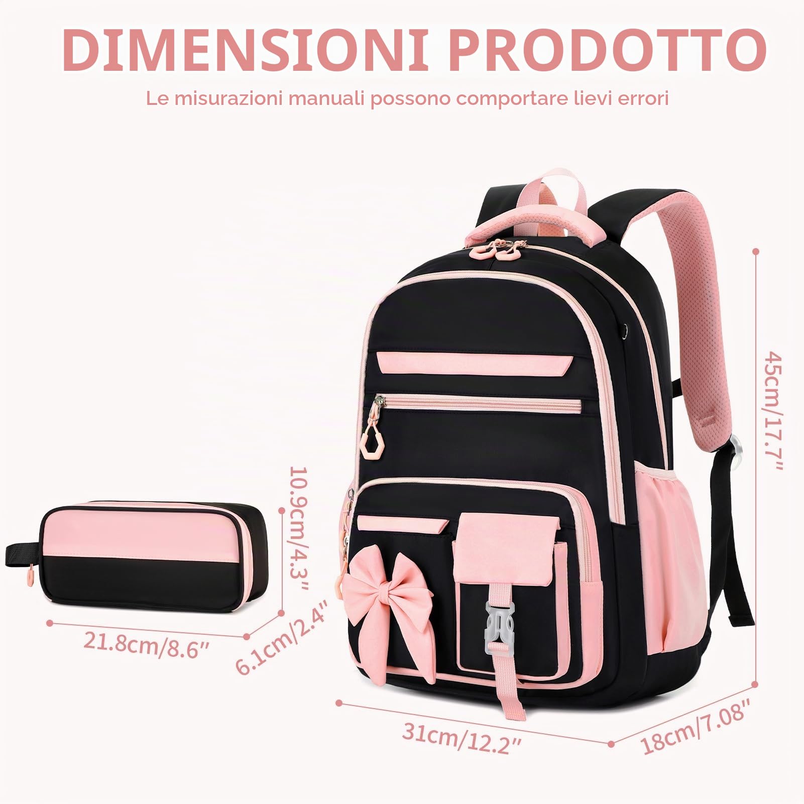 Zaino Scuola Elementare Bambina Leggero 2 Pezzi con Astuccio, NeroRosa