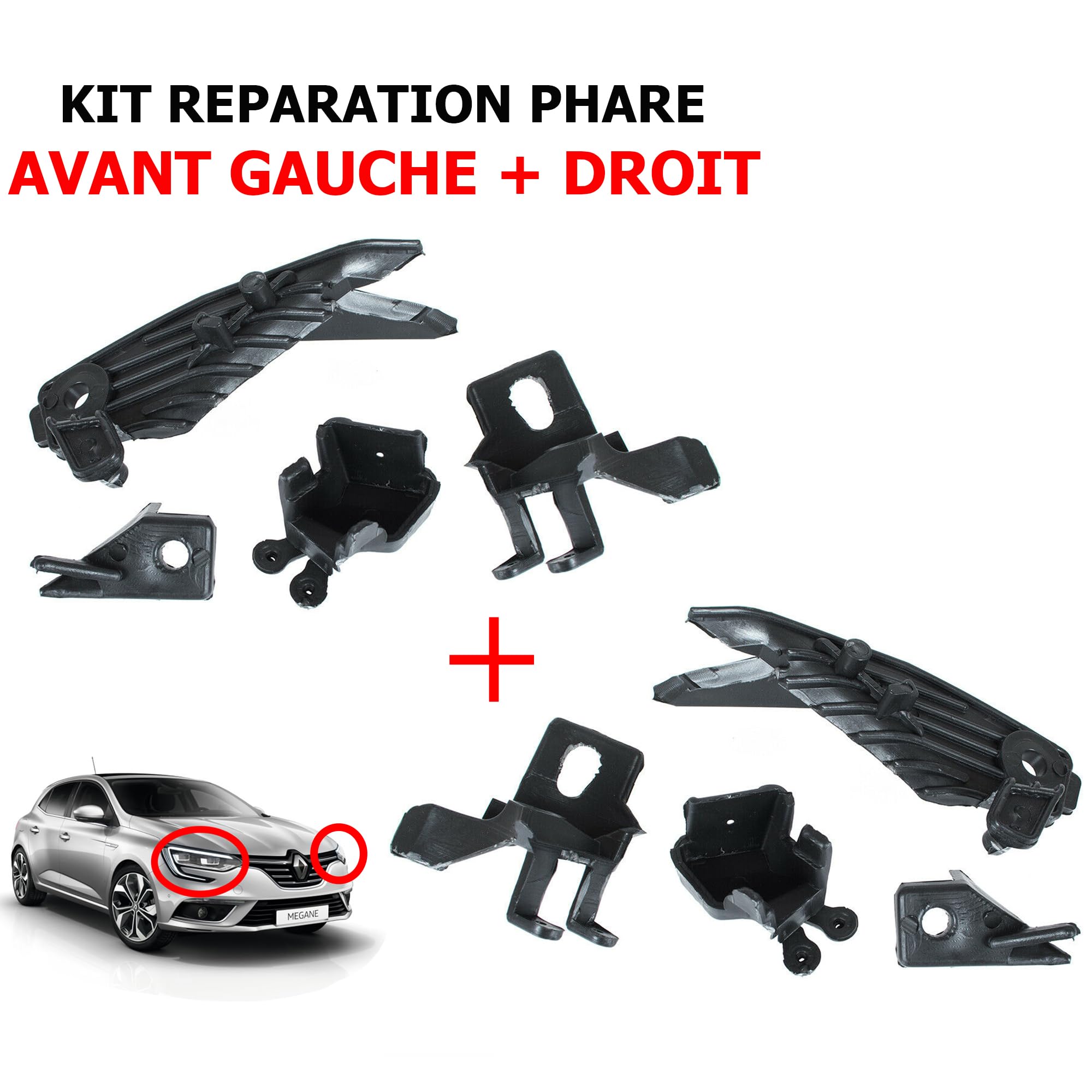 Kit de Réparation Pattes de Fixation Supports Clips Optique Phares Avant Gauche ET Droit compatible pour MEGANE IV à partir de 2015