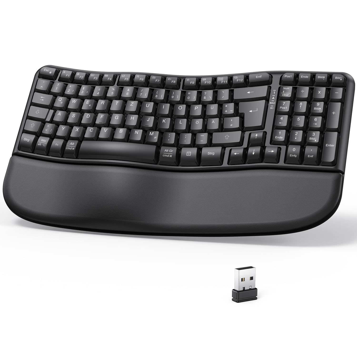 OMOTON Kabellose Tastatur Ergonomisch Wave Keys, Ideal für Büro und tägliche Nutzung, 2,4 GHz USB-Verbindung, PC Tastatur mit Handballenauflage, Deutsches QWERTZ Layout, Schwarz