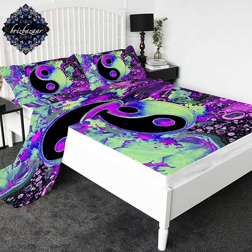 Jasper Yin Yang by Brizbazaar - Juego de sábanas de 4 piezas con estampado 3D, sábanas bajeras de microfibra 1800 que no se decolora, transpirable y