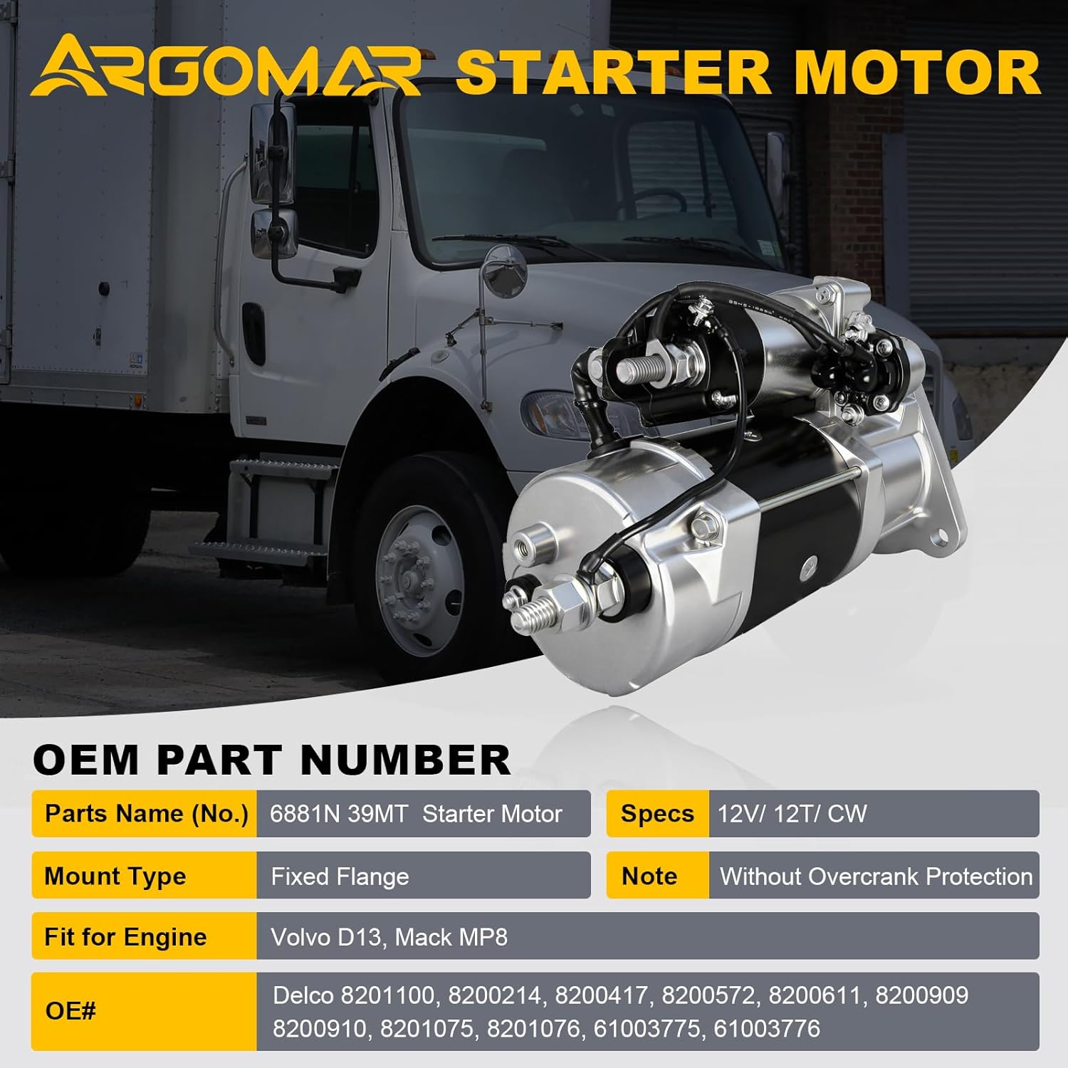 8201075 Starter Motor 6881N Replacement Starter for Volvo D13 | Fits Mack，fits Renegade，fits Volvo | 12V, 8201075, 21019456, 21019460, 21428341
