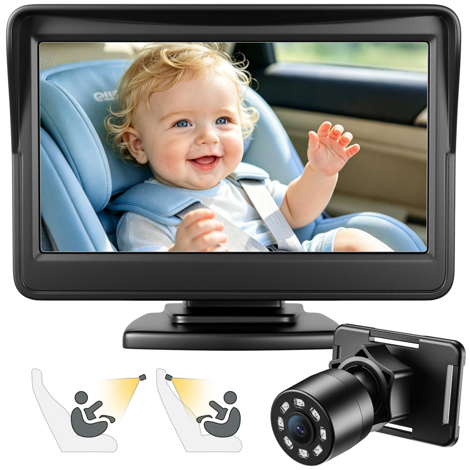FEISIKE Espejo de bebé para coche, cámara de coche de bebé con visión nocturna, ver al bebé en el asiento trasero con pantalla HD de 4.3 pulgadas, observa cada movimiento del bebé en cualquier momento