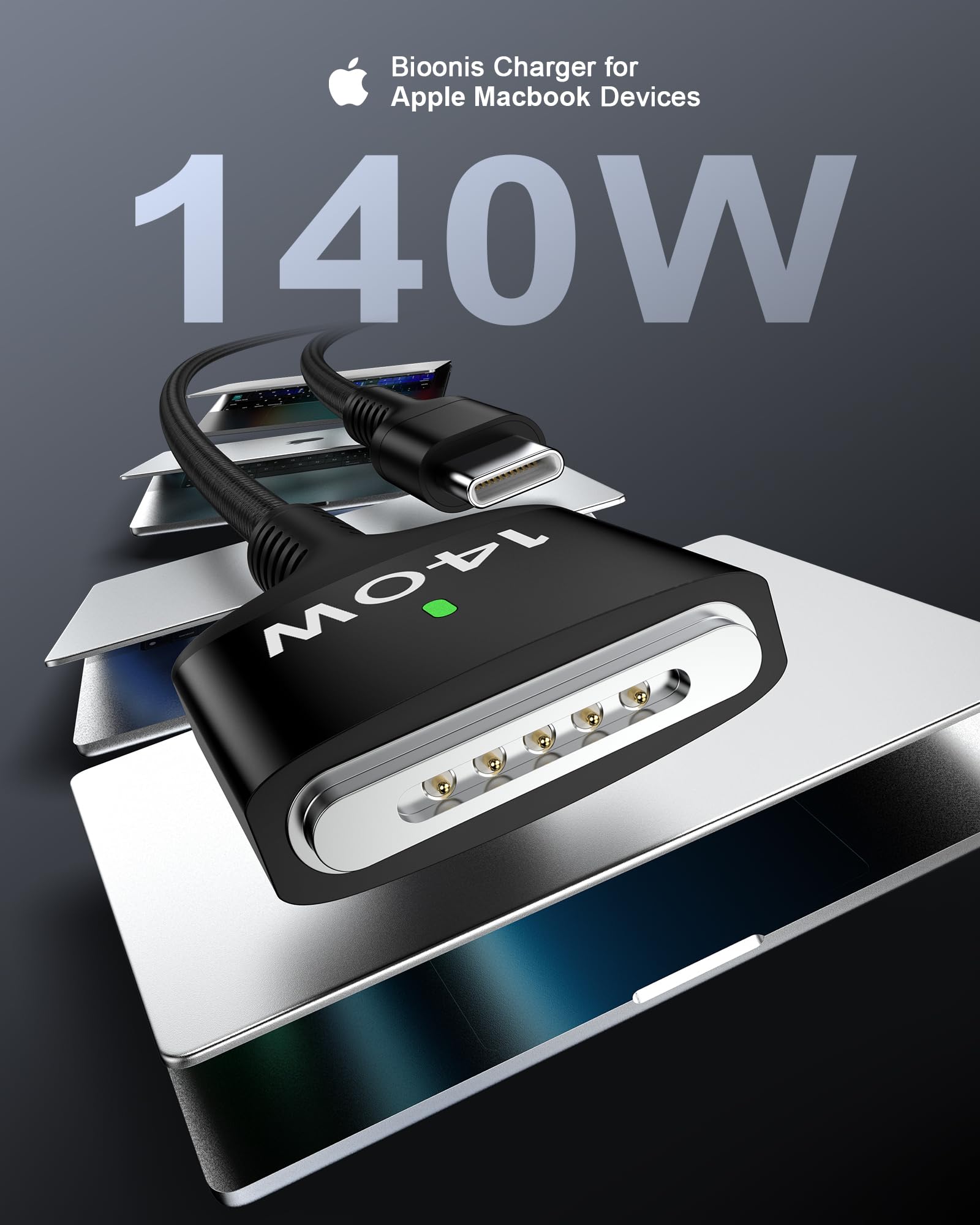 LISEN Cavo Magnetico USB-C A Mag-Safe 3 140W 2m Per MacBook Pro/Air M4/M3/M2 | Ricarica Rapida In Argento - 4