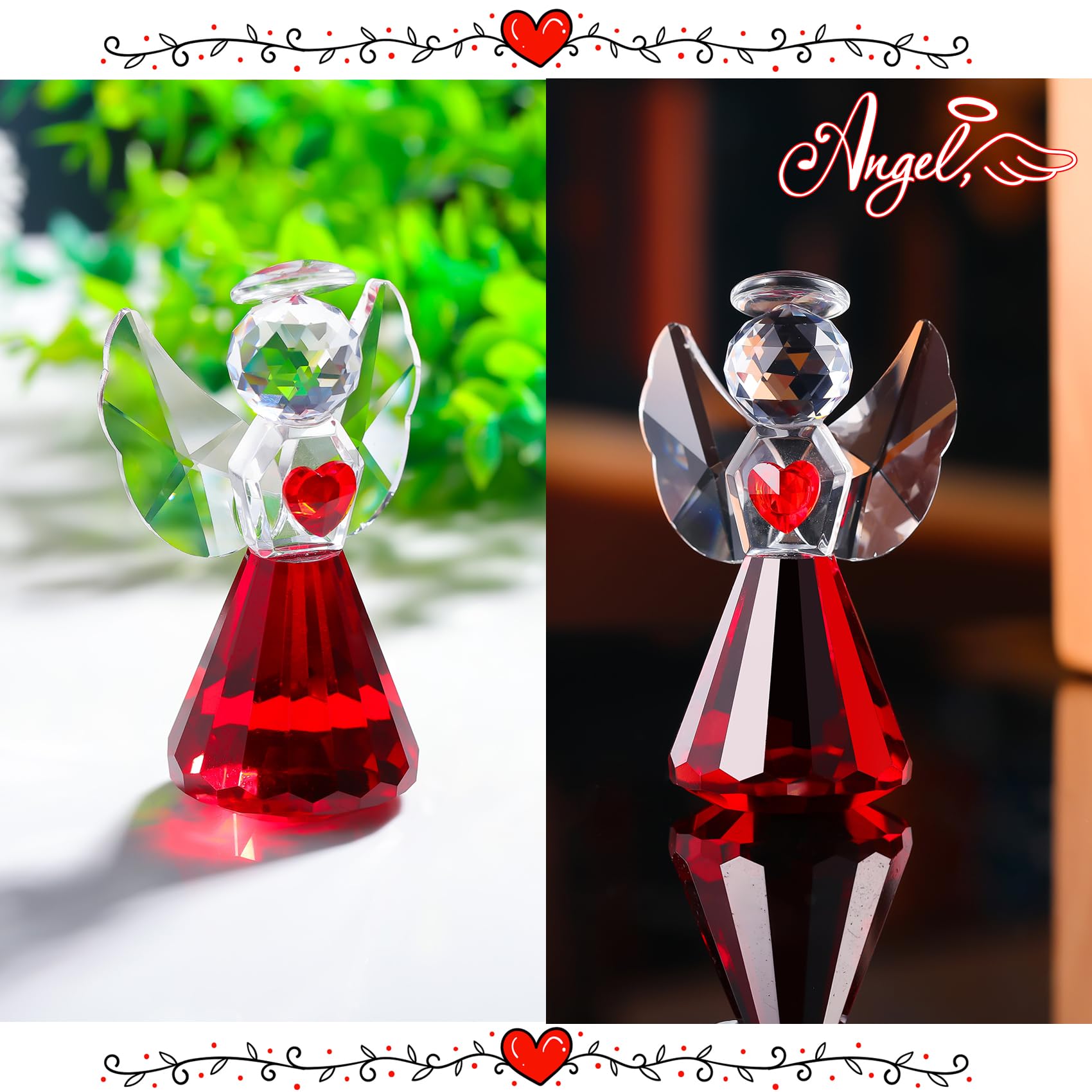 YWHL Figurine d'ange gardien en cristal faite à la main, statue d'ange en verre avec base lumineuse colorée, cadeau pour femme, figurines d'art de collection