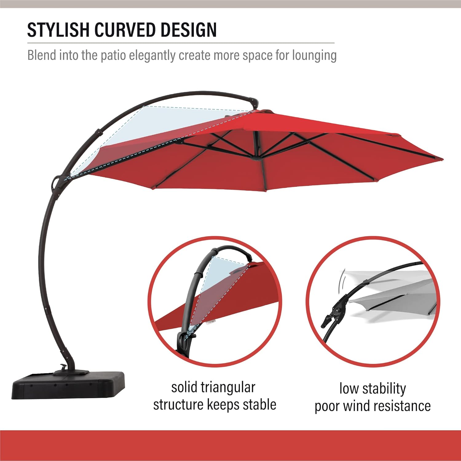 LAUSAINT HOME 11FT Curvy Cantilever Patio Umbrella with Base, 360° Rotation Offset Outdoor Umbrella, Heavy Duty Hanging Umbrella for Backyard, Pool, Garden（Red）
