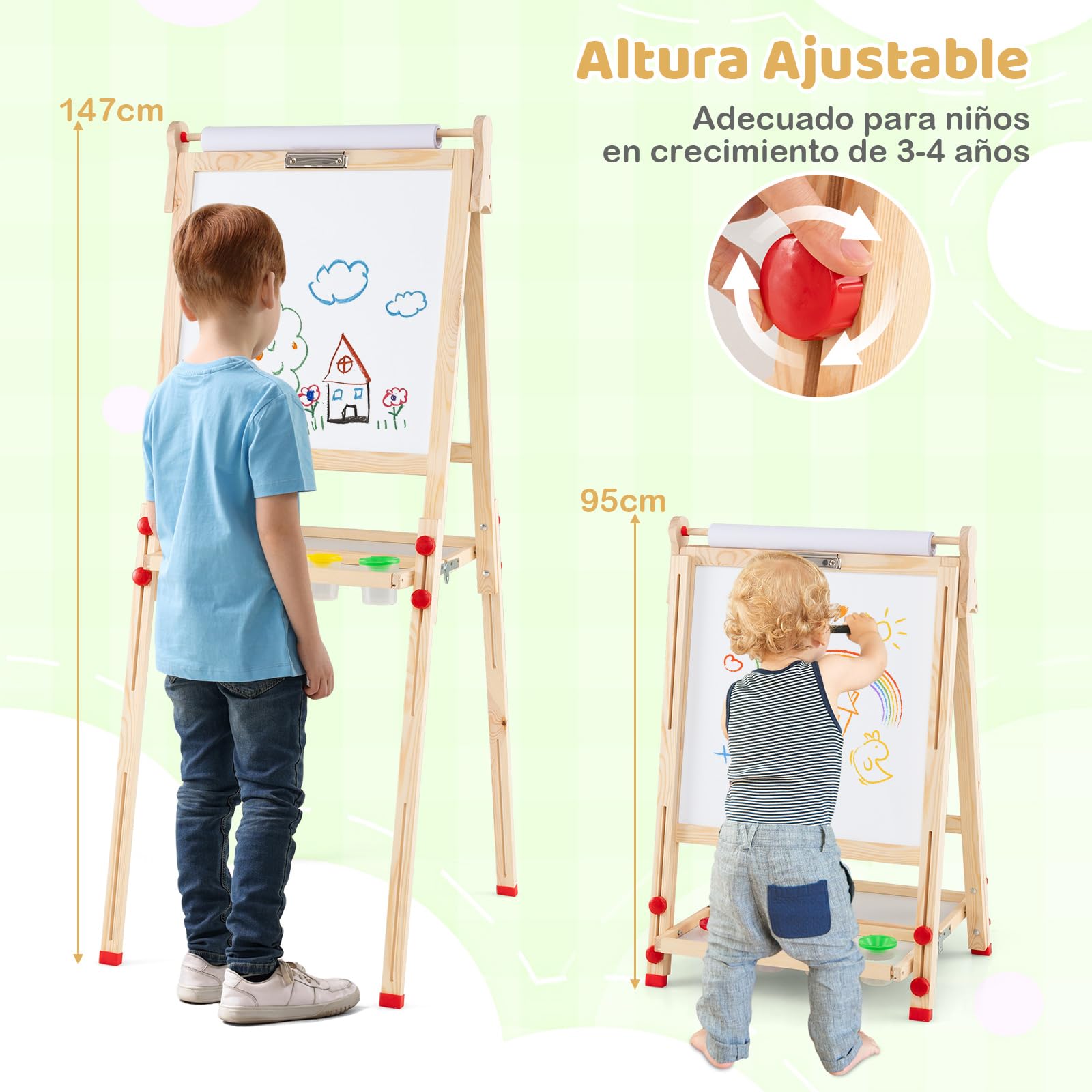 COSTWAY 3 en 1 Pizarra Caballete Infantil, Caballete Plegable con Pizarra Magnética de Doble Cara, Rollo de Papel, Altura Ajustable, Pizarra Magnética Infantil