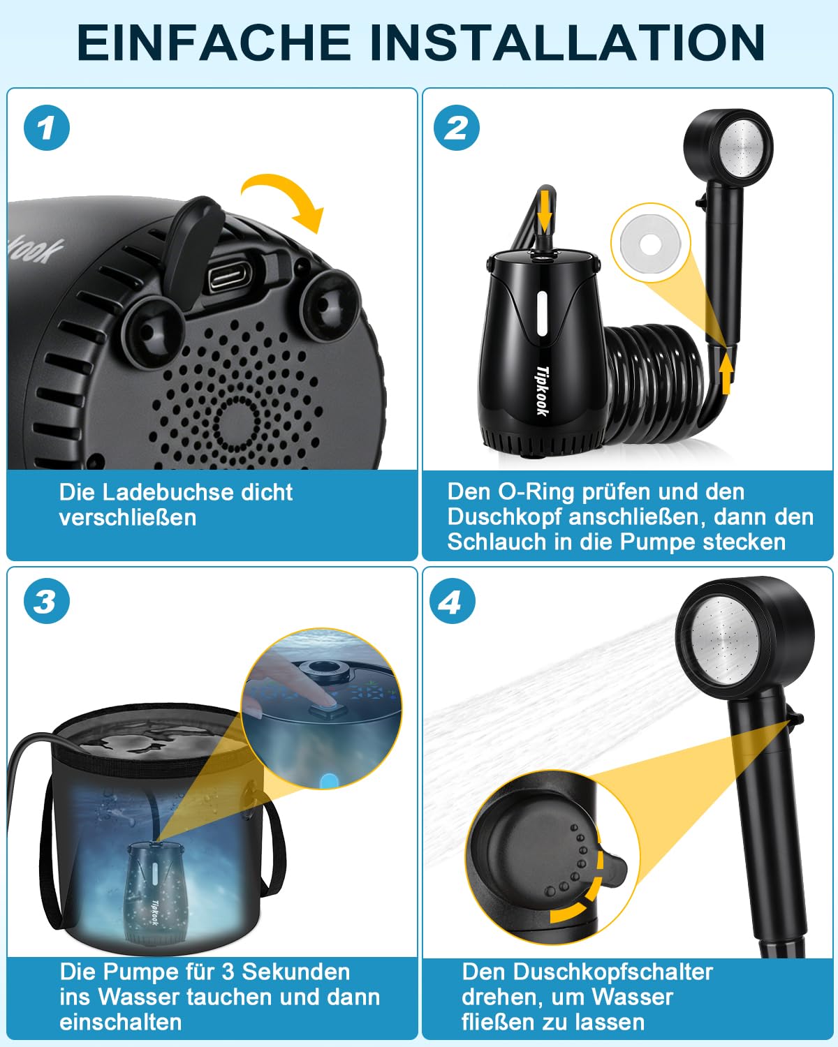 Tragbare Campingdusche mit LED-Stimmungslicht, Mobile Outdoor Dusche mit 8000mAh Akku & Temperaturanzeige, 5 Wasserstufen Camping Dusche mit Pumpe & PP-Filter für Camping, Wandern, Haustiere, Vanlife