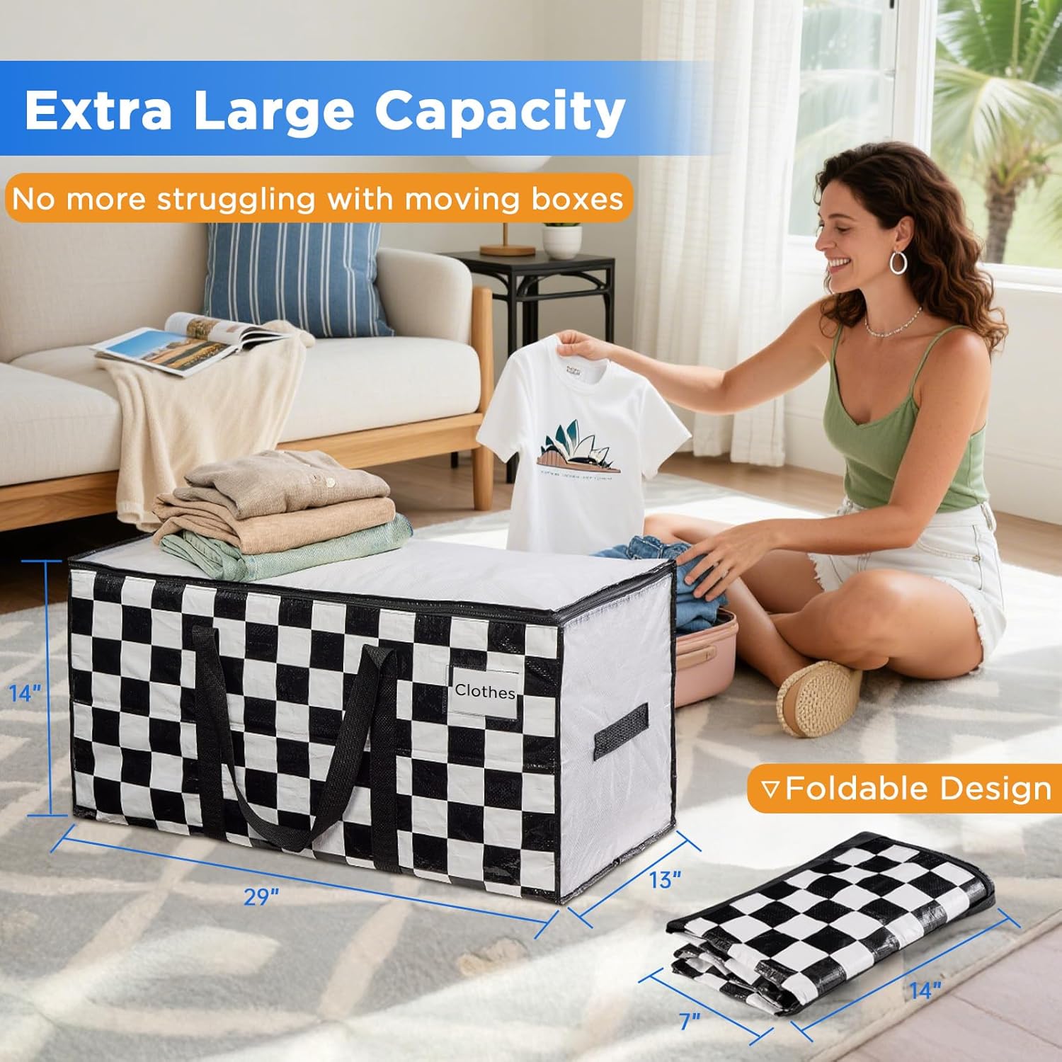 BETU 2 Pack Moving Bags Moving Storage College Dorm Camping Packing Travel PE Heavy Duty, Sturdy Handle, Zipper Large Storage Tote Bag Moving Boxes Box Alternative - White Plaid 29L x 15W x 15H