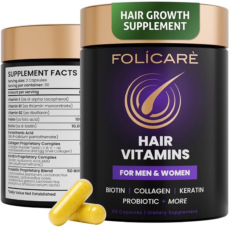 FOLICARE Suplemento para cabelos com biotina, colágeno, queratina e probióticos, 60 cápsulas