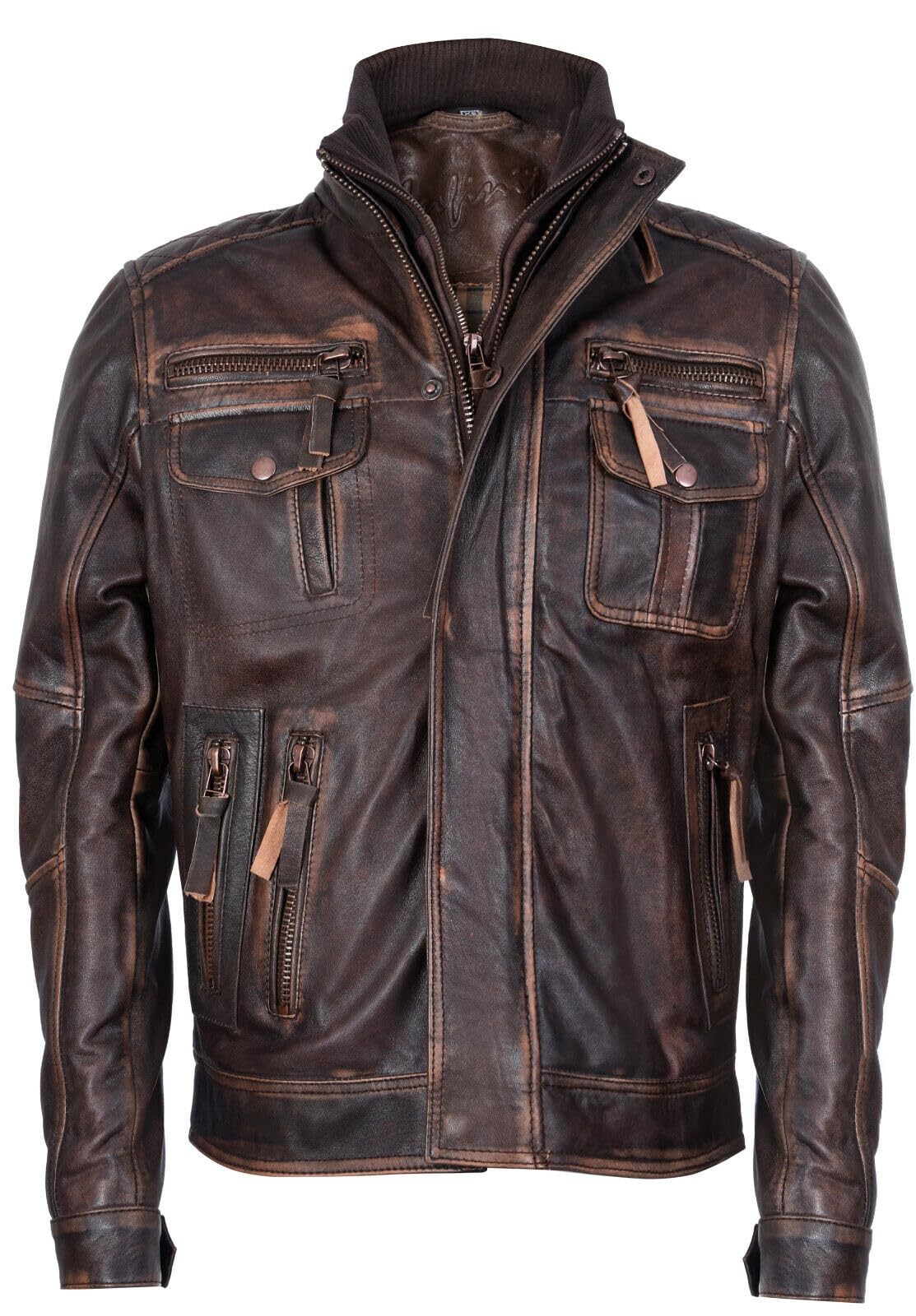 Infinity Leather Men's Brown Warm Vintage Brando Leather Biker Jacket Large