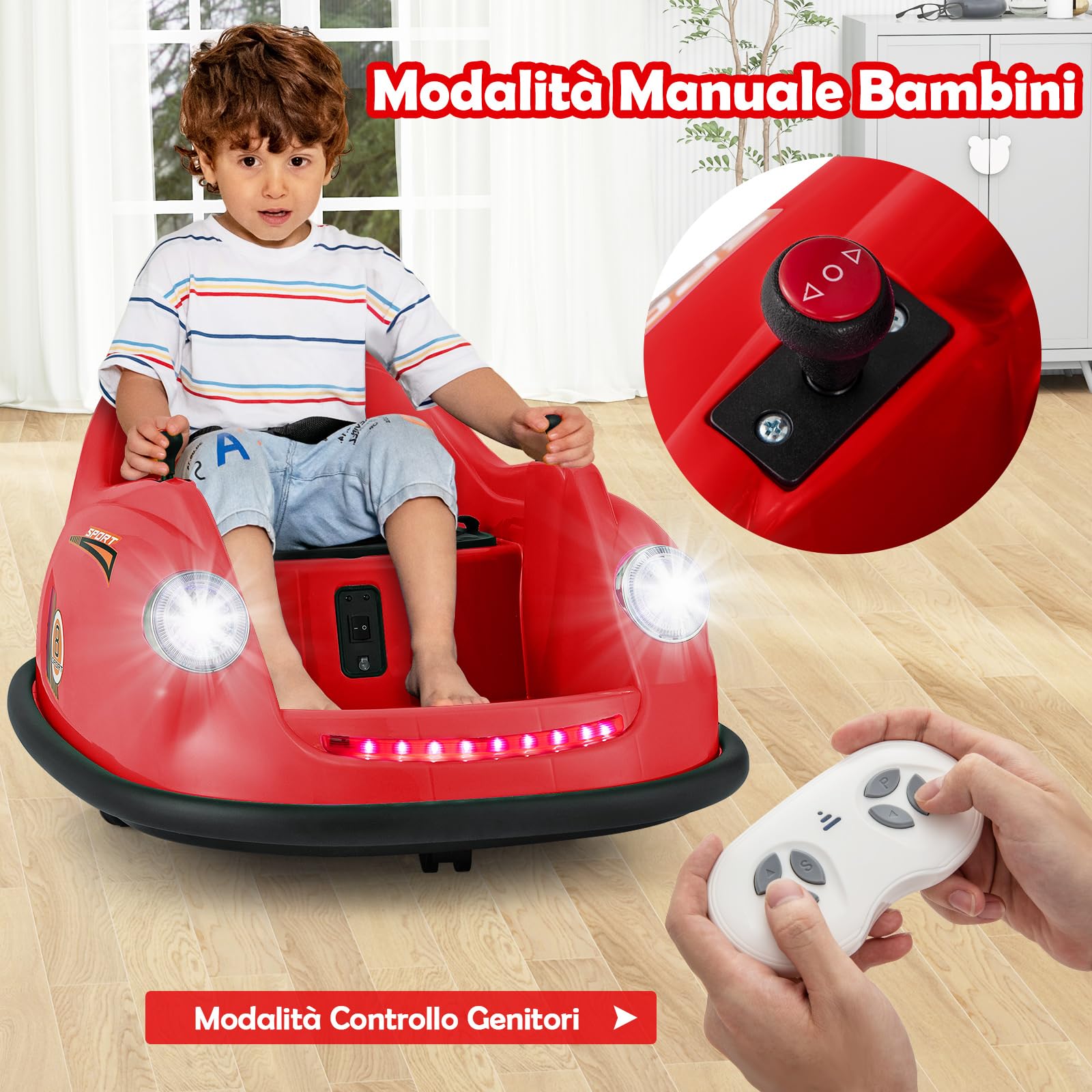 COSTWAY 12V Auto Elettrica per Bambini con Telecomando, Autoscontro Elettrico con Luci LED Musica e Rotazione a 360°, Macchina Cavalcabile per Bambini 2-5 Anni (Rosso)