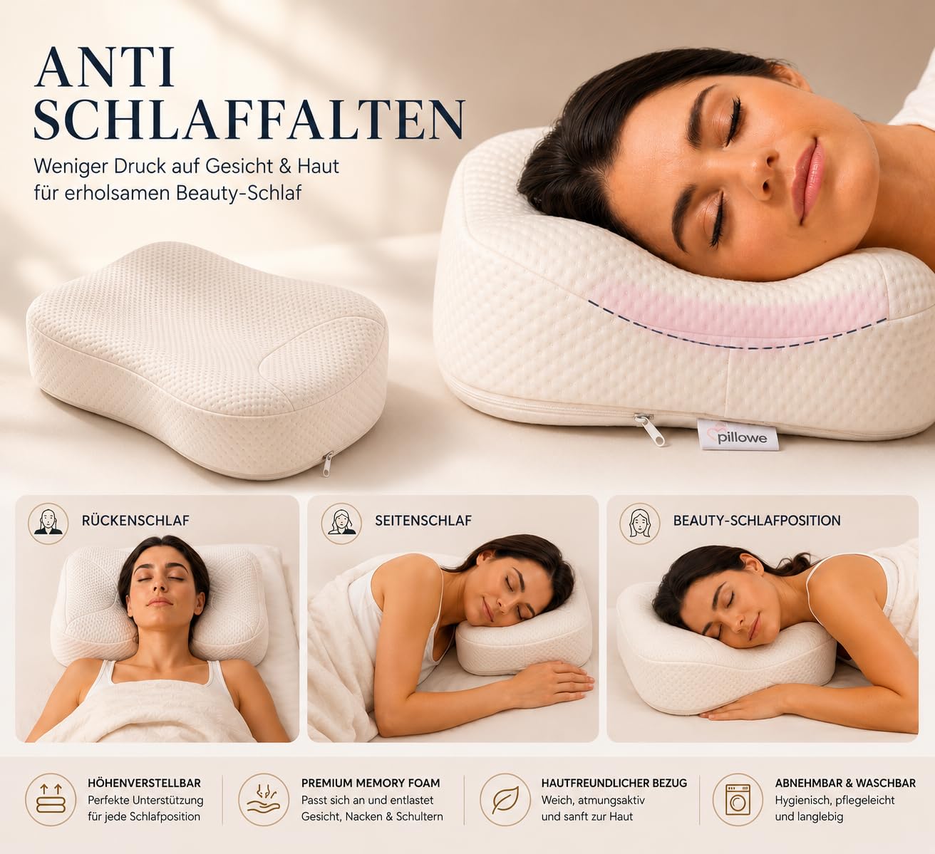Anti-Falten-Kissen aus Memory Foam, Beauty-Kissen gegen Schlaffalten, ergonomisches Kosmetikkissen für Seiten- und Rückenschläfer