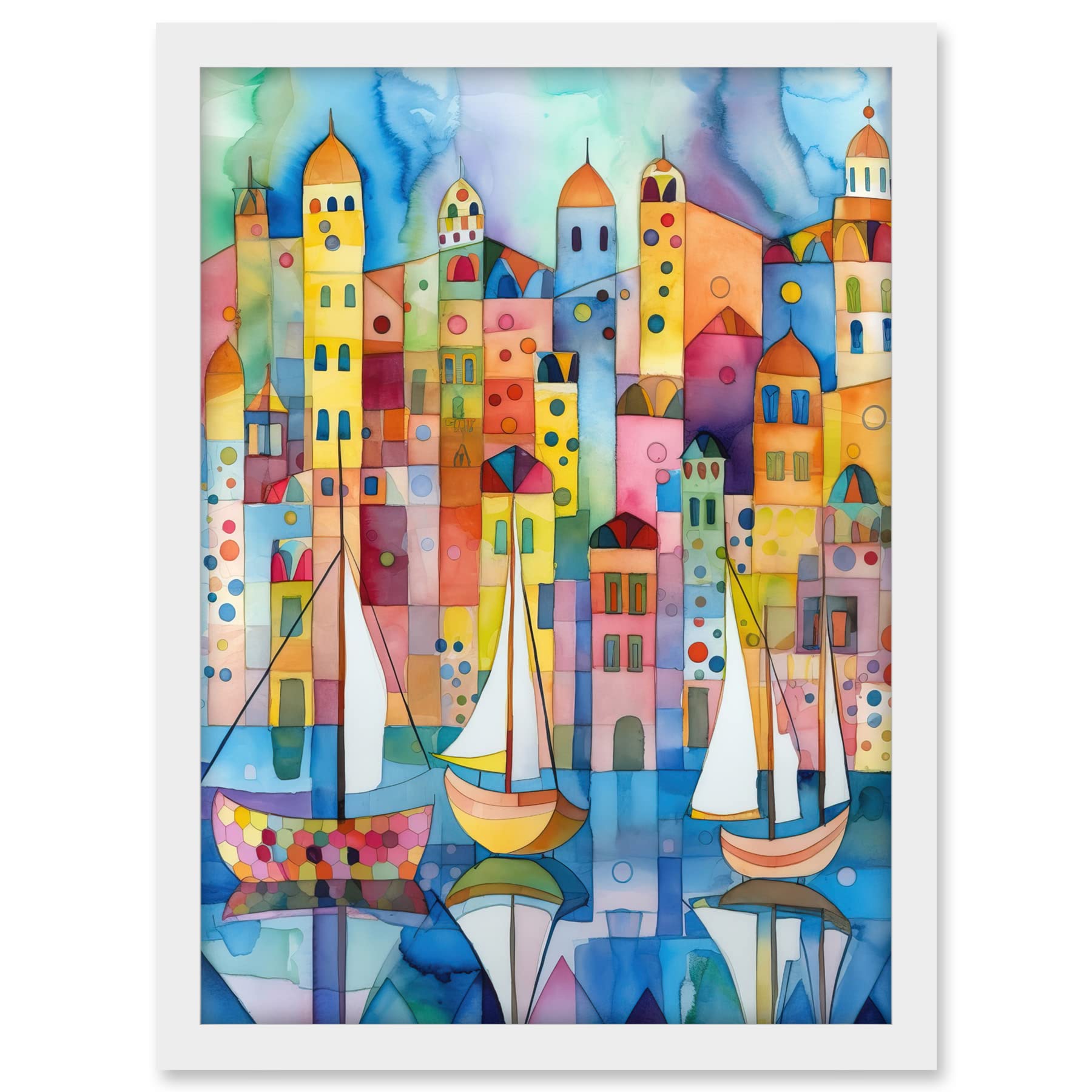 Artery8 Modern Marina Colourful Cityscape Pattern Folk Art Watercolour Painting Artwork Framed A3 Wall Art Print