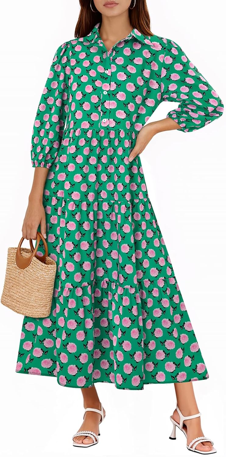 Wenrine Womens Casual 3/4 Sleeve Shirt Dress Button Down V Neck Tiered Collared Flowy Maxi Dress