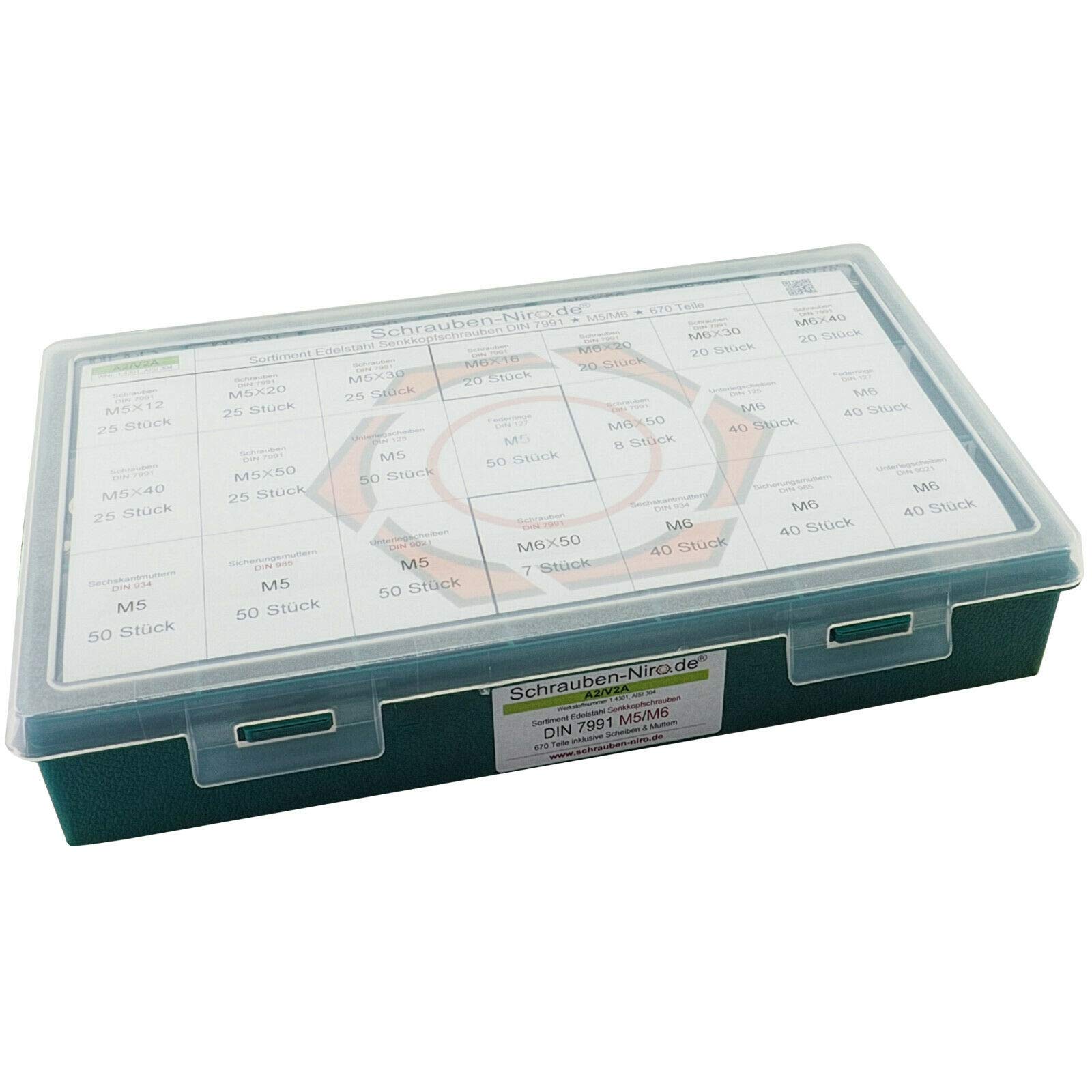 Sortiment M5 + M6 DIN 7991 (ISO 10642) Edelstahl A2 (V2A) Senkschrauben (Innensechskant) - Set bestehend aus Schrauben, Unterlegscheiben (DIN 125, 127, 9021) und Muttern (DIN 934, 985) - 670 Teile